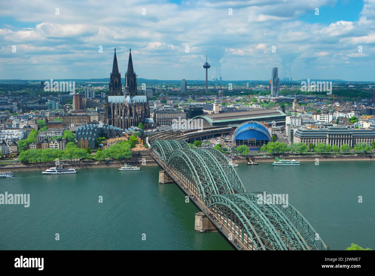 Skyline of Cologne with Cathedral, Germany, Europe. Famous most visited place, symbol of Cologne. Beautiful european architecture. Aerial view of Colo Stock Photo