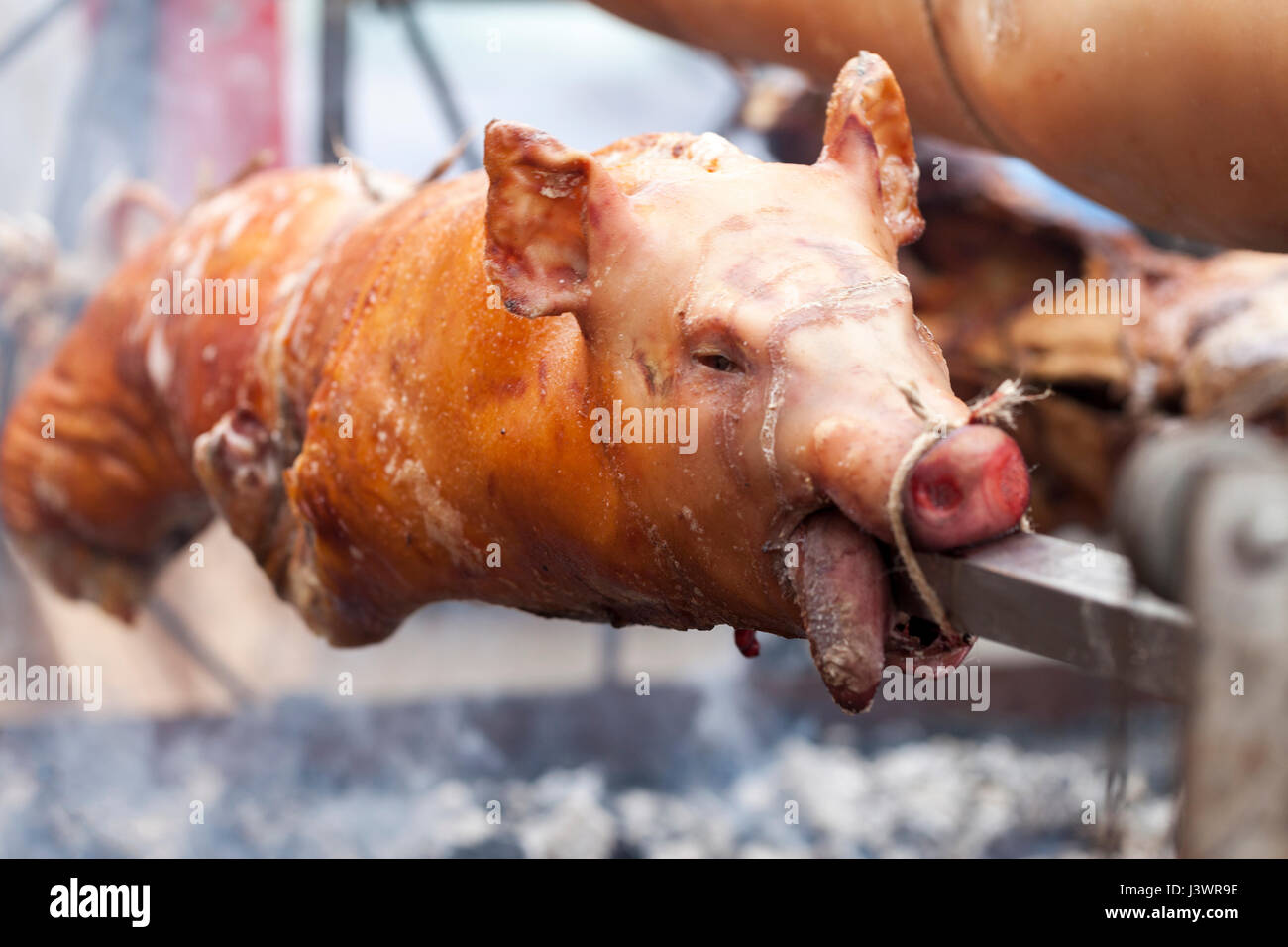 Pig roasted on a spit in the traditional way, selective focus and small depth of  field Stock Photo
