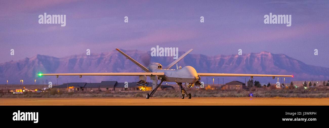 A USAF MQ9 Reaper unmanned aerial vehicle aircraft lands on the runway