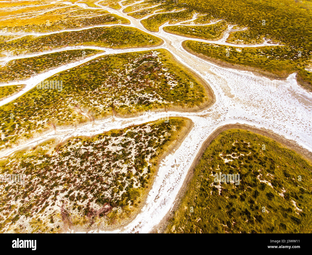 aerial of watershed of Soda Lake and wildflowers, Carrizo Plains National Monument, California Stock Photo