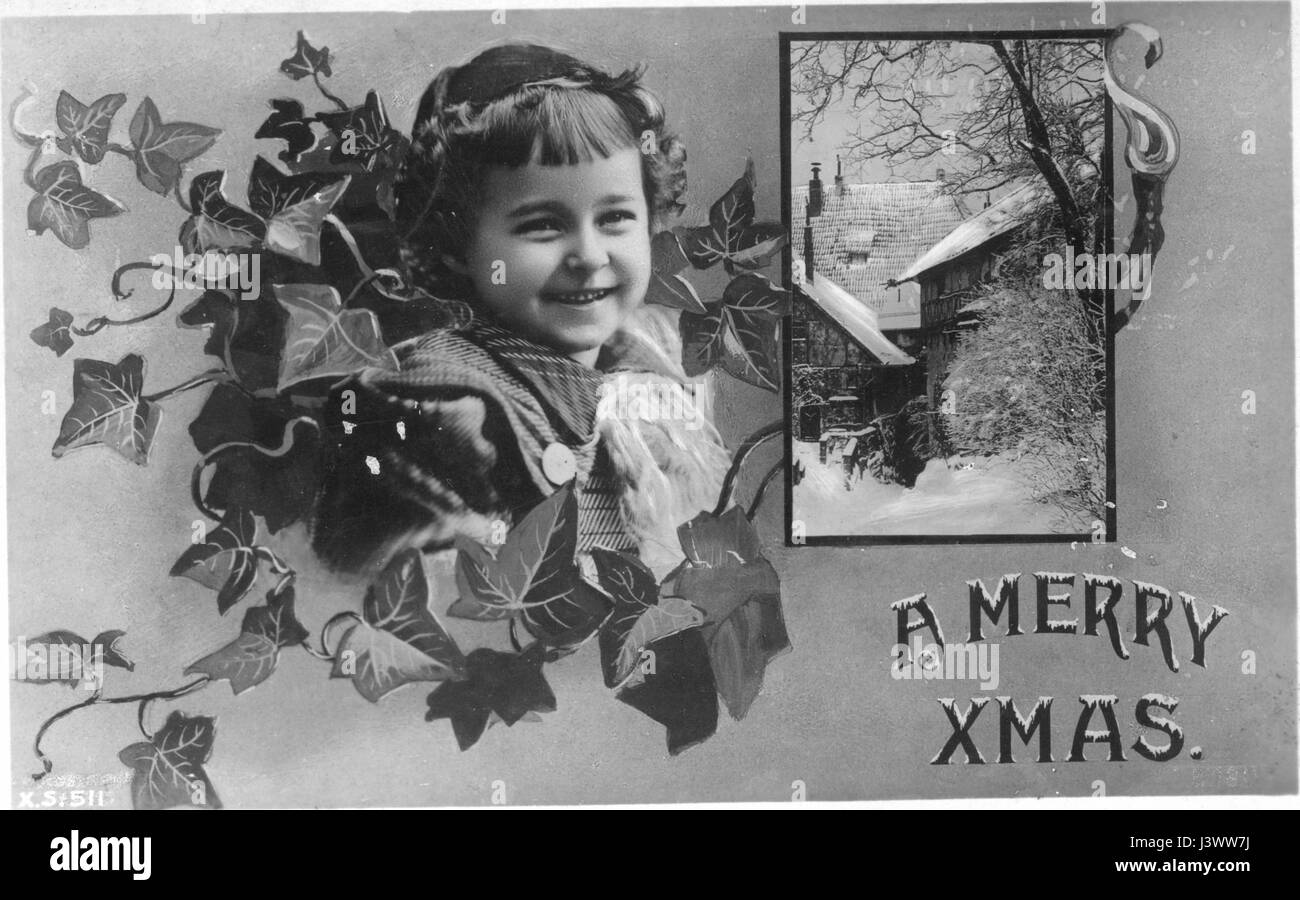 A very happy young girl, with bangs, and ivy leaves all around her. A snow-bound cottage image is an inset, giving the image of winter and a happy home. 1909  To see my other Christmas-related vintage images, Search:  Prestor  vintage  holiday Stock Photo
