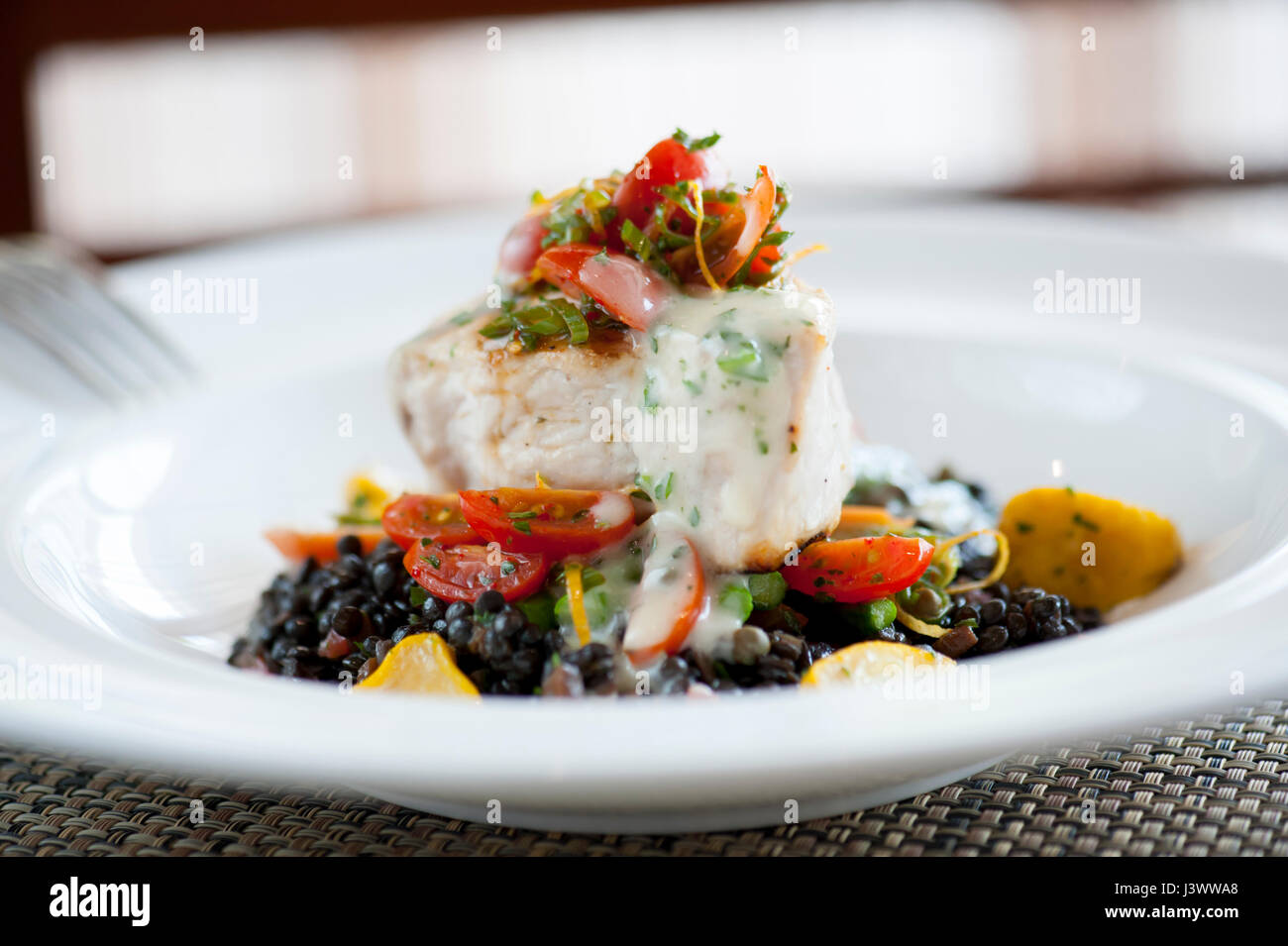 USA Food Swordfish steak on a bed of lentils at the Waypoint Seafood