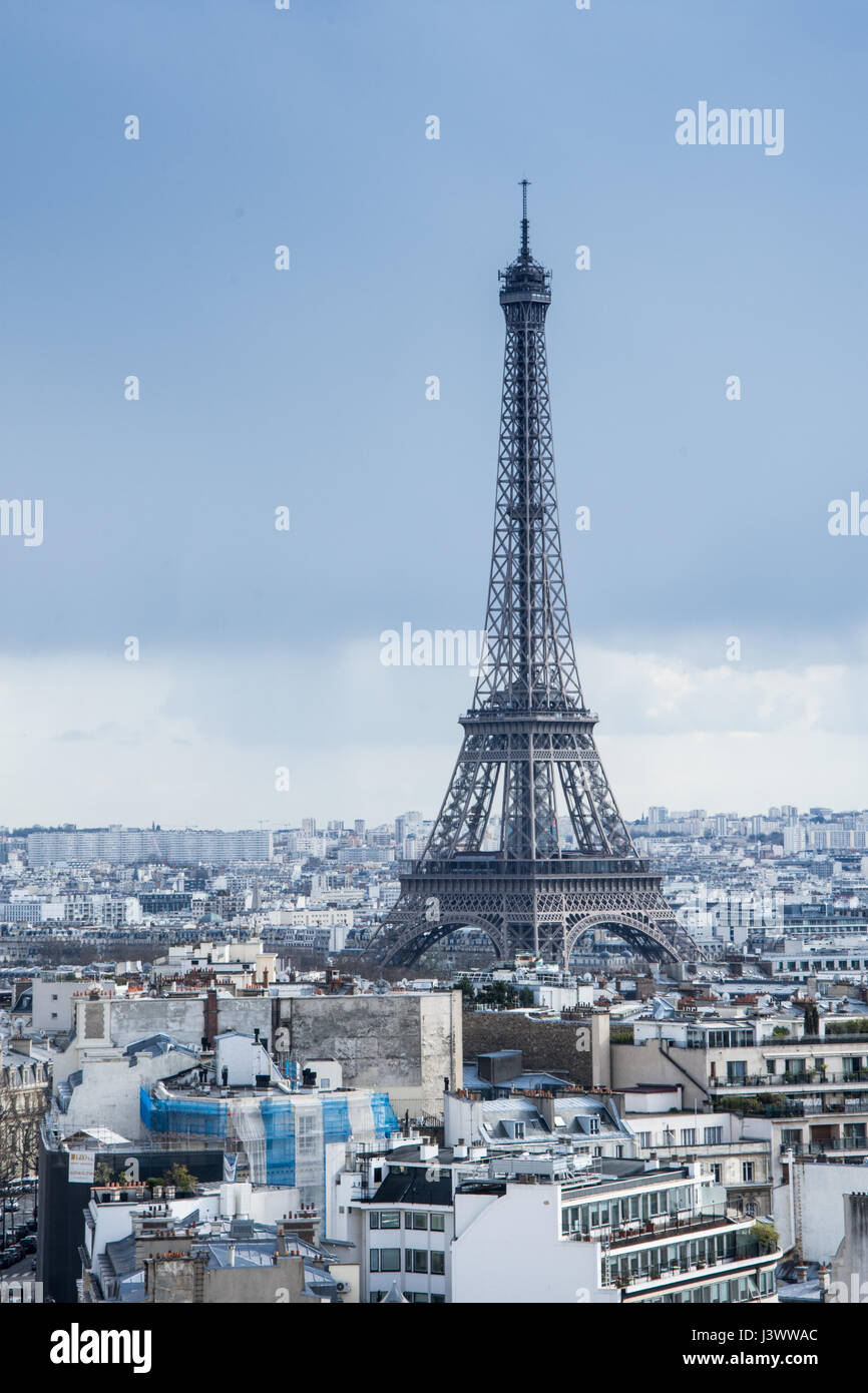 An amazing view on the metallic Eiffel Tower and Paris City Stock Photo