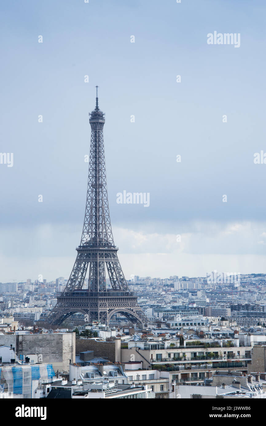 An amazing view on the metallic Eiffel Tower and Paris City Stock Photo