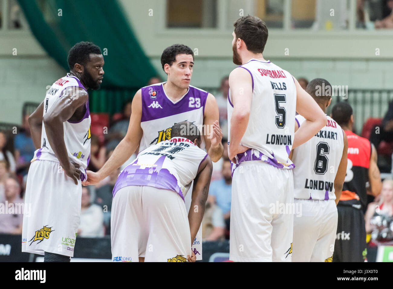 Leicester, UK, 7 May 2017.  The BBL 2nd Leg Semi Final Leicester Riders vs London Lions held in the Leicester Arena, Riders win 72 vs Lions 55 progressing to the final. London Lion's  mates Joe Ikhinmwin (07), Zac Wells (05) , Andre Lockhart (06) Zaire Taylor (11)  and Kai Williams (23) discuss tactics.  ©pmgimaging/Alamy Live News Stock Photo