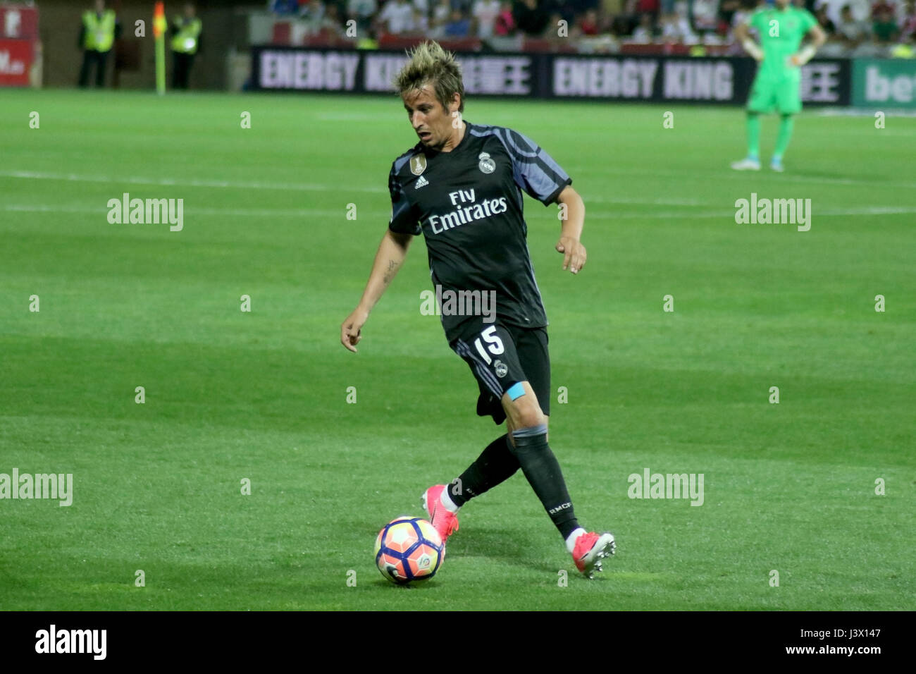 Granada, Spain. May 6, 2017 - Fabio Coentrao with the ball. Real Madrid defeated Granada 0-4 with goals scored by James Rodriguez (3 and 10 minute) and Alvaro Morata (30 and 35 minute). Matchday 36 game played in Los Nuevos Carmenes Stadium. Photo by Jose Velasco | PHOTO MEDIA EXPRESS Stock Photo