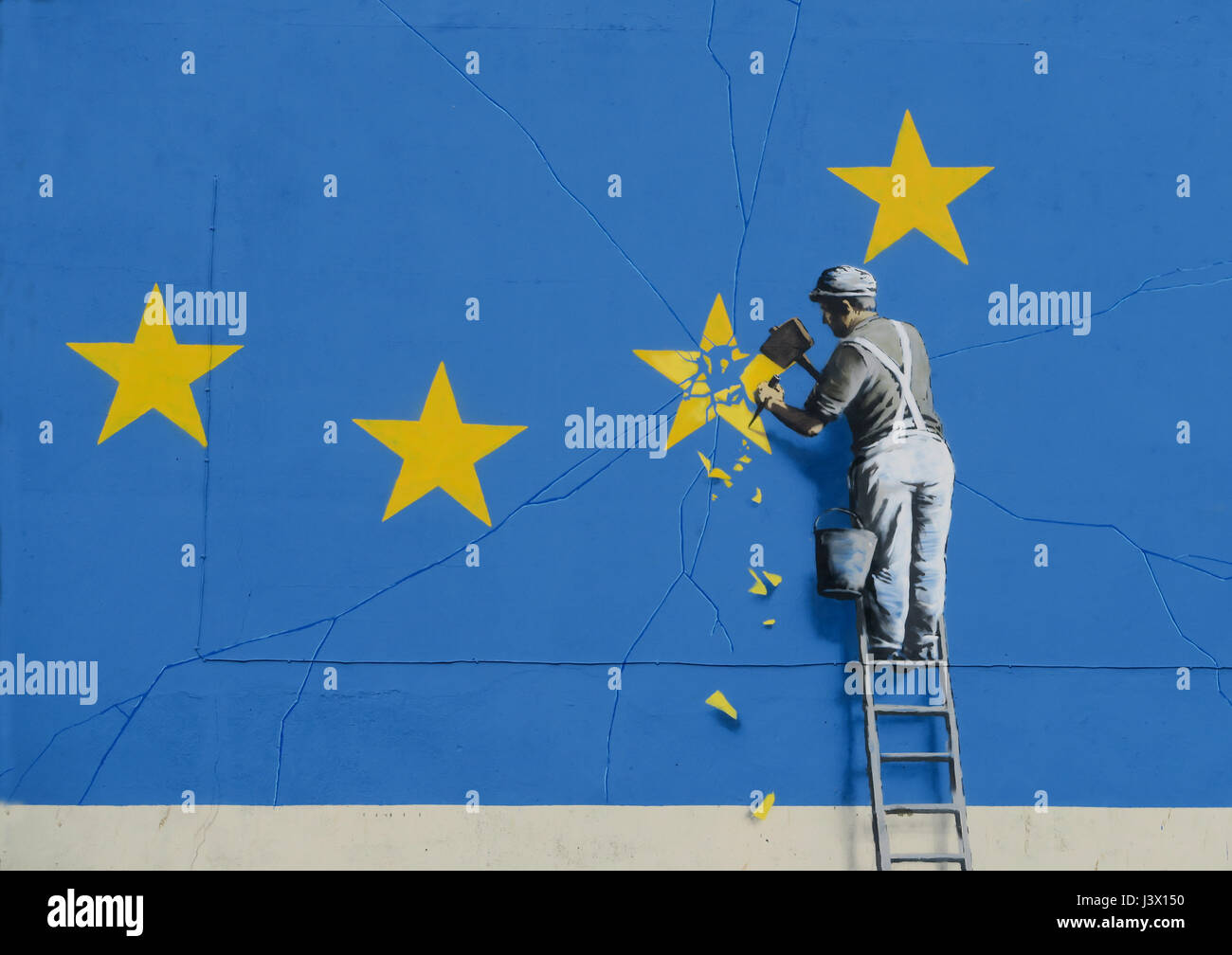 Dover, UK. 7th May, 2017. Brexit Banksy. A piece of street art that appeared over the weekend 6 May 2017 in Dover UK. Shows a symbolic representation, by the artist Banksy, of Britain breaking links with the European Union. Credit: Pics4view/Alamy Live News Stock Photo