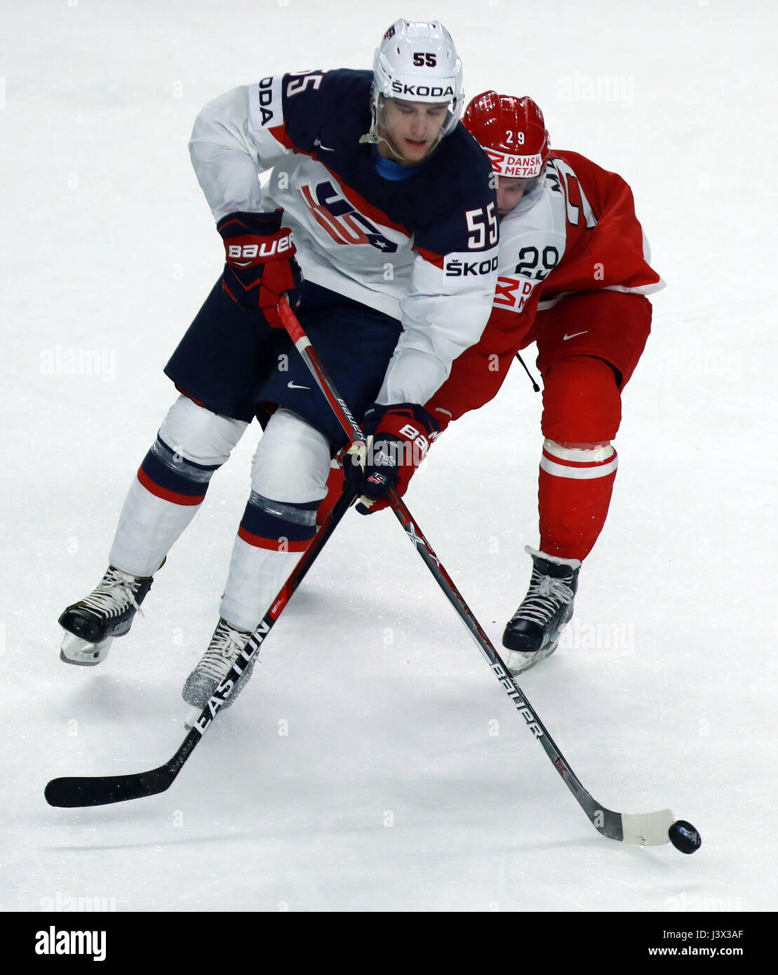 Cologne, Germany. 7th May, 2017. ( Noah Hanifin(L) of the United States ...