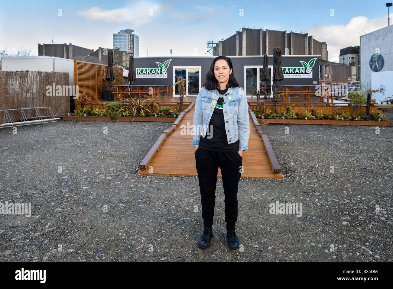 Christchurch, New Zealand. 5th Aug, 2016. Christchurch, New Zealand - August 5, 2016 - Owner Jade Temepara of Kakano Cafe poses in front of her restaurant on August 5, 2016 in Christchurch, New Zealand. Kakano Cafe and Cookery School is offering traditional Maori food, with most of the ingredients grown in their own garden. | usage worldwide Credit: dpa/Alamy Live News Stock Photo