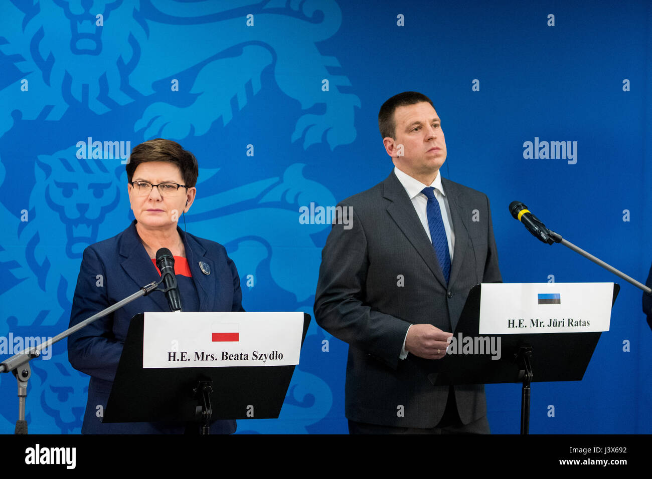 Tallinn, Estonia, 8th May 2017. Prime Minister of Poland Beata Szydlo adresses the media after she met Prime Minister of Estonia Juri Ratas, Prime Minister of Latvia Maris Kucinskis, Prime Minister of Lithuania Saulius Skvernelis and Prime Minister of Poland Beata Szydlo in Tallinn. The topics of the meeting were regional security, energy community, transport connections and the future of the European Union. Credit: Nicolas Bouvy/Alamy Live News Stock Photo
