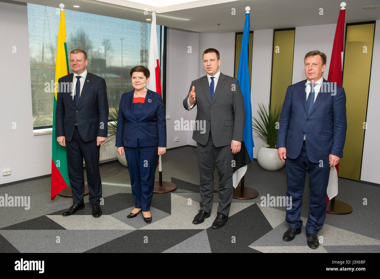 Tallinn, Estonia, 8th May 2017. Prime Minister of Estonia Juri Ratas (2nd R), Prime Minister of Latvia Maris Kucinskis (R), Prime Minister of Lithuania Saulius Skvernelis (L) and Prime Minister of Poland Beata Szydlo(2nd L) pose for a family photo prior their meeting in Tallinn. The topics of the meeting were regional security, energy community, transport connections and the future of the European Union. Credit: Nicolas Bouvy/Alamy Live News Stock Photo
