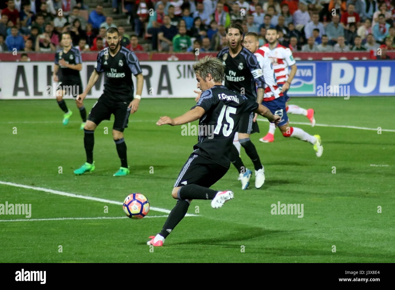Granada, Spain. May 6, 2017 - Fabio Coentrao with the ball. Real Madrid defeated Granada 0-4 with goals scored by James Rodriguez (3 and 10 minute) and Alvaro Morata (30 and 35 minute). Matchday 36 game played in Los Nuevos Carmenes Stadium. Photo by Jose Velasco | PHOTO MEDIA EXPRESS Stock Photo