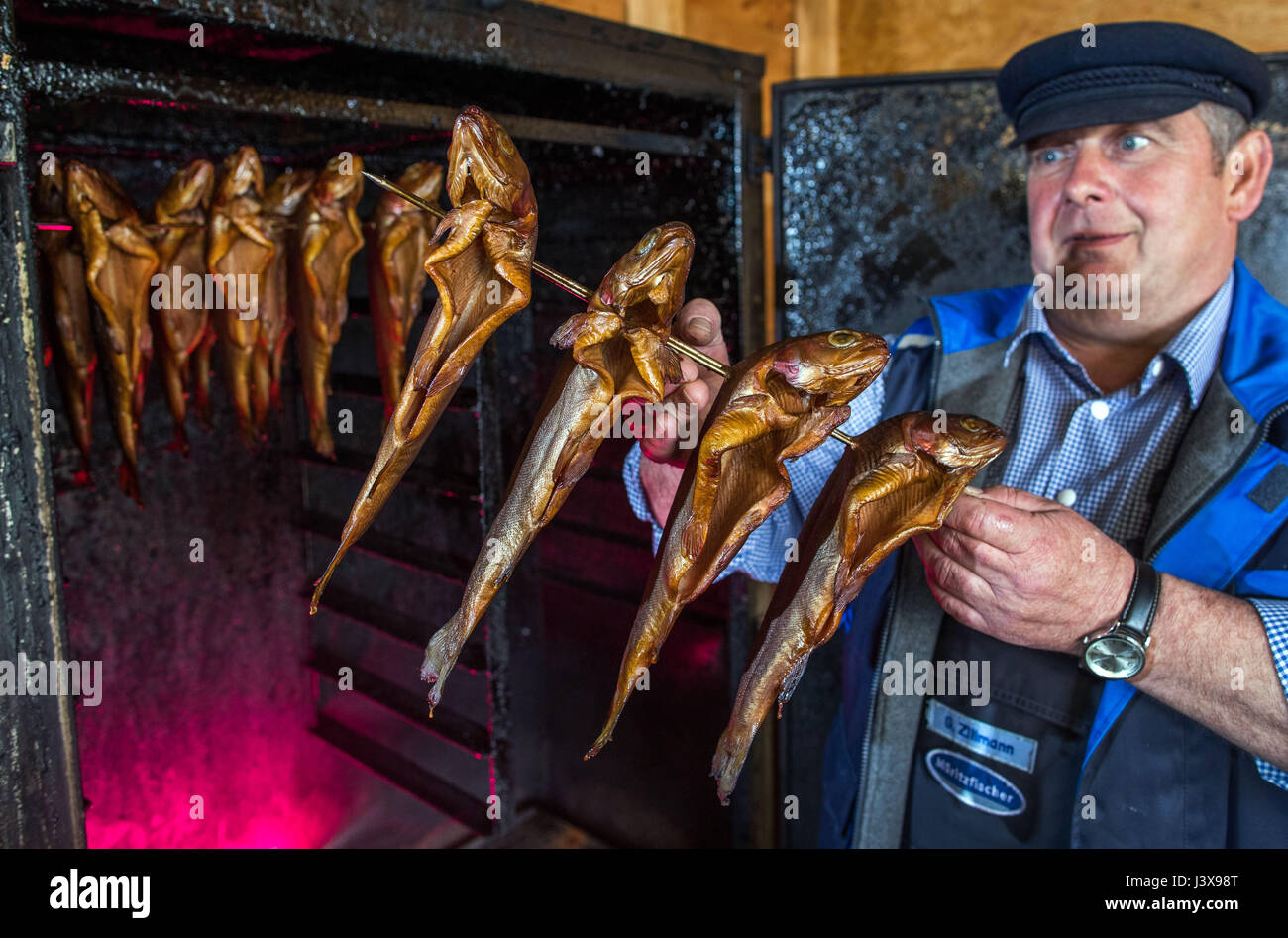 Vipperow, Germany. 4th May, 2017. Inland fisher Guenter Zillmann retrieves freshly smoked char from the oven at the fish farm at the Mueritz in Vipperow, Germany, 4 May 2017. The fish farm is part of the largest inland fishery in Germany: Fishery Mueitz-Plau GmbH. Besides the tradition fishery and the breeding of fish, modern aqua culture is also part of the business. The fishery, founded in 1990 from the former production cooperative (founded 1952) holds more than 30.000 hectars of water. Photo: Jens Büttner/dpa-Zentralbild/dpa/Alamy Live News Stock Photo