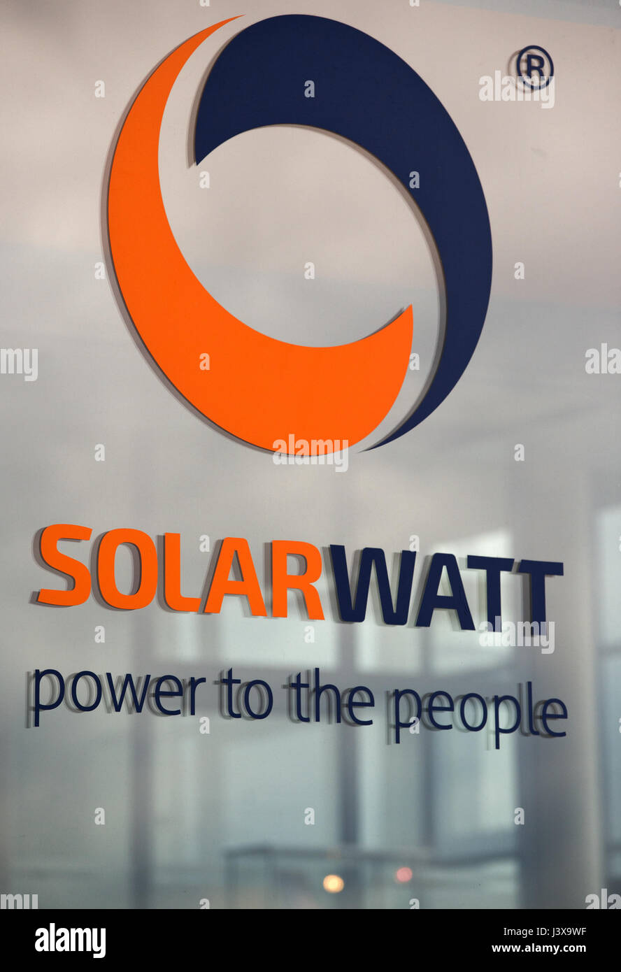 Dresden, Germany. 19th Apr, 2017. The logo of the German energy concern Solarwatt GmbH in the company's factory in Dresden, Germany, 19 April 2017. Photo: Arno Burgi/dpa-Zentralbild/dpa/Alamy Live News Stock Photo