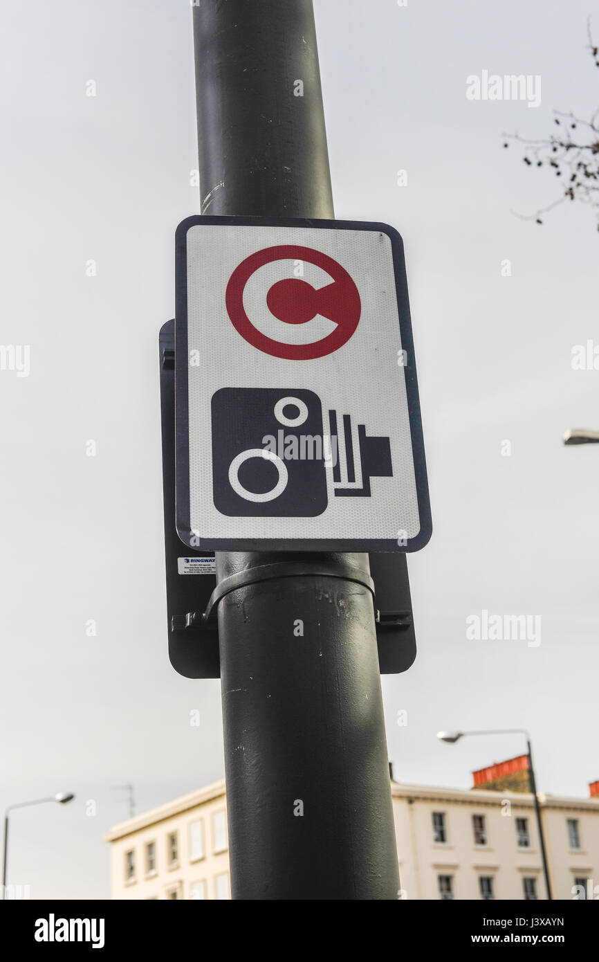 Traffic signage relating to the congestion charging system emplloyed on roads in London Stock Photo