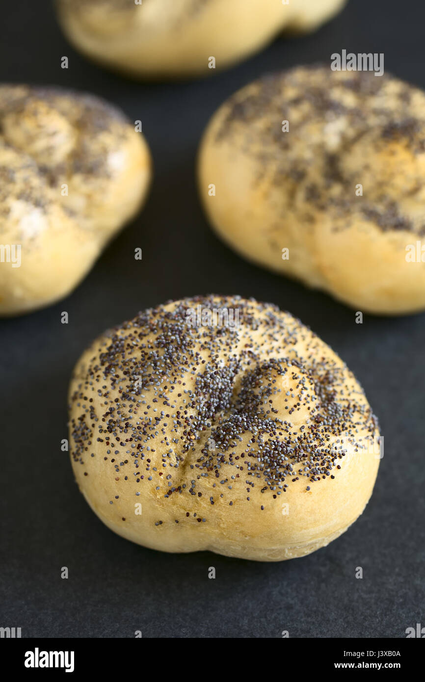 Homemade poppy seed bread rolls on slate, photographed with natural