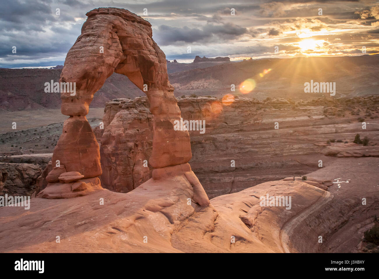 Delicate Arch rock formation in the distance. Arches National Park, Utah, USA. Stock Photo