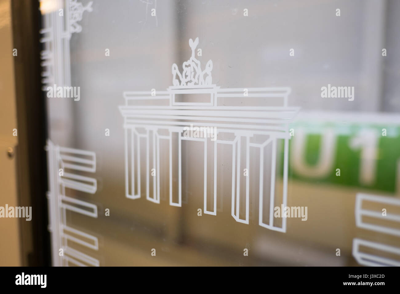 Berlin, Germany - may 03, 2017: Brandenburger Tor (Brandenburg gate) symbol on subway train window at U1 in Berlin, Germany Stock Photo