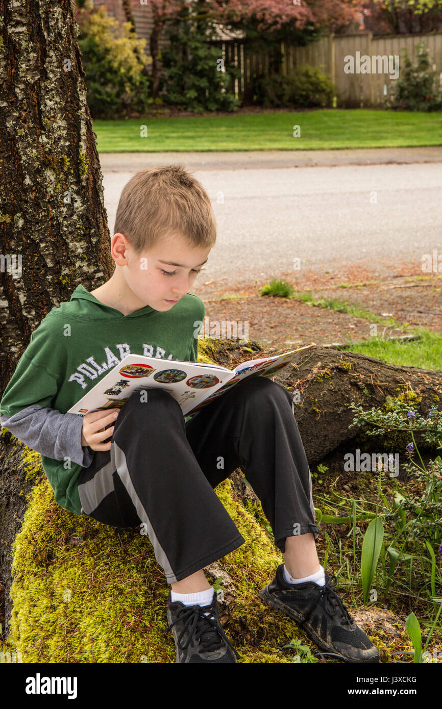 Nine year old boy reading a book in the shade of a tree in Issaquah, Washington, USA Stock Photo