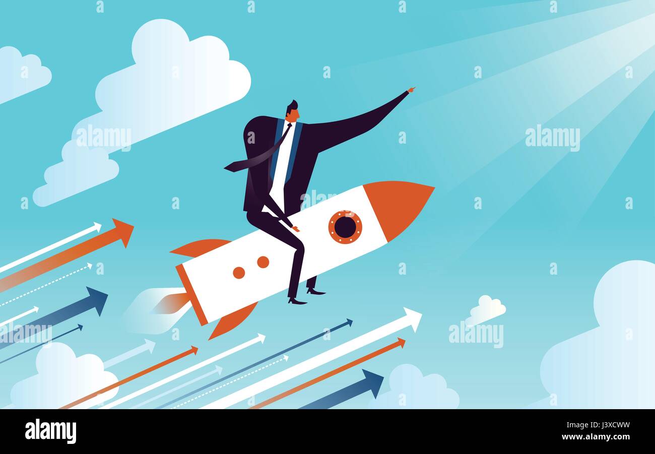 business concept illustration, suited man riding on a speedy rocket Stock Vector