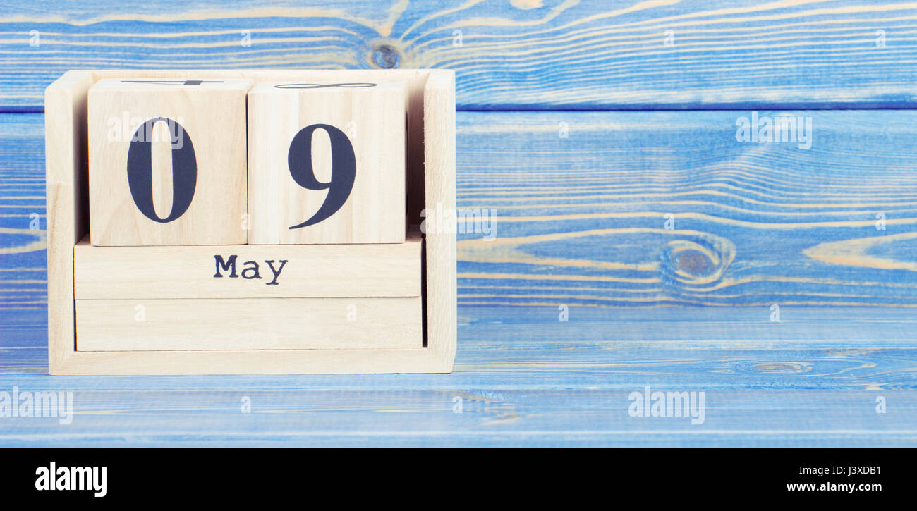Vintage photo, May 9th. Date of 9 May on wooden cube calendar, copy ...