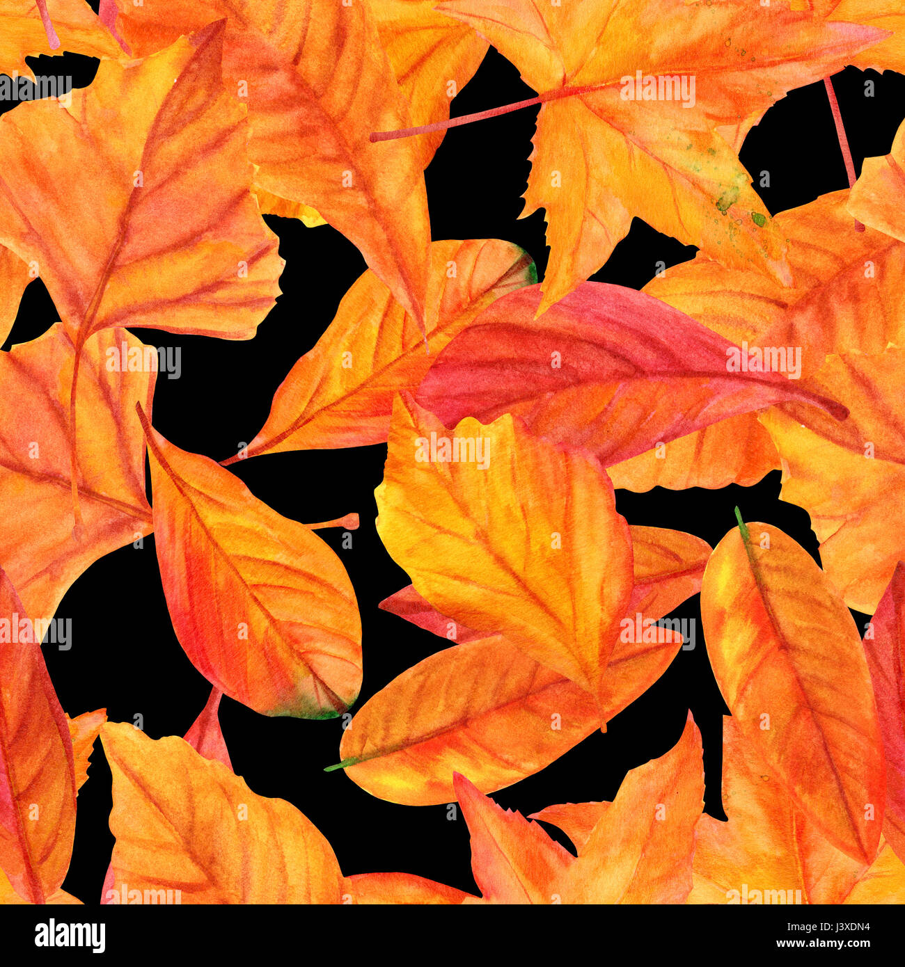 A seamless pattern with vibrant watercolor leaves on a black background ...