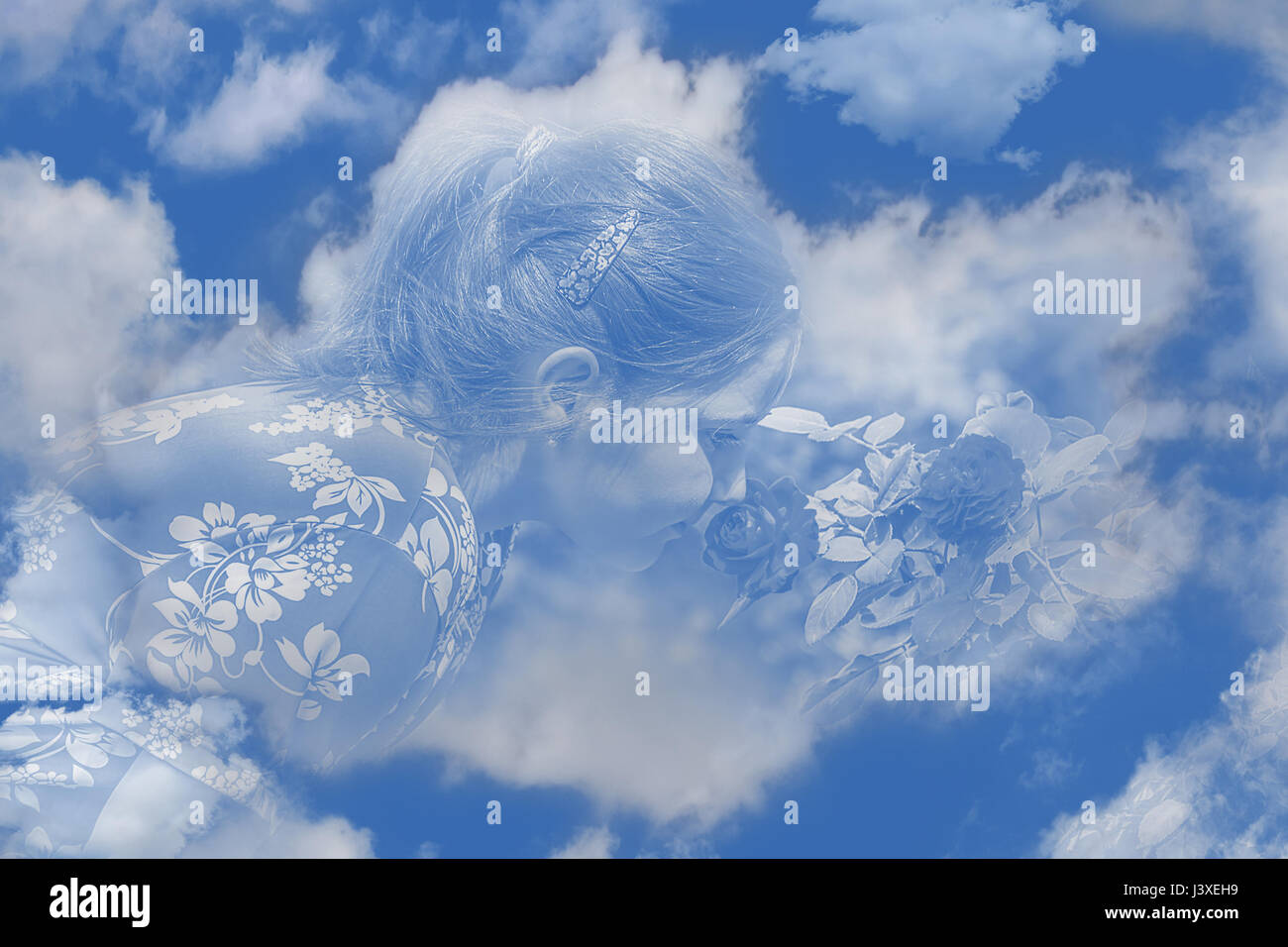 Cute little girl with roses on the blue cloudy sky, double exposure photo. Stock Photo