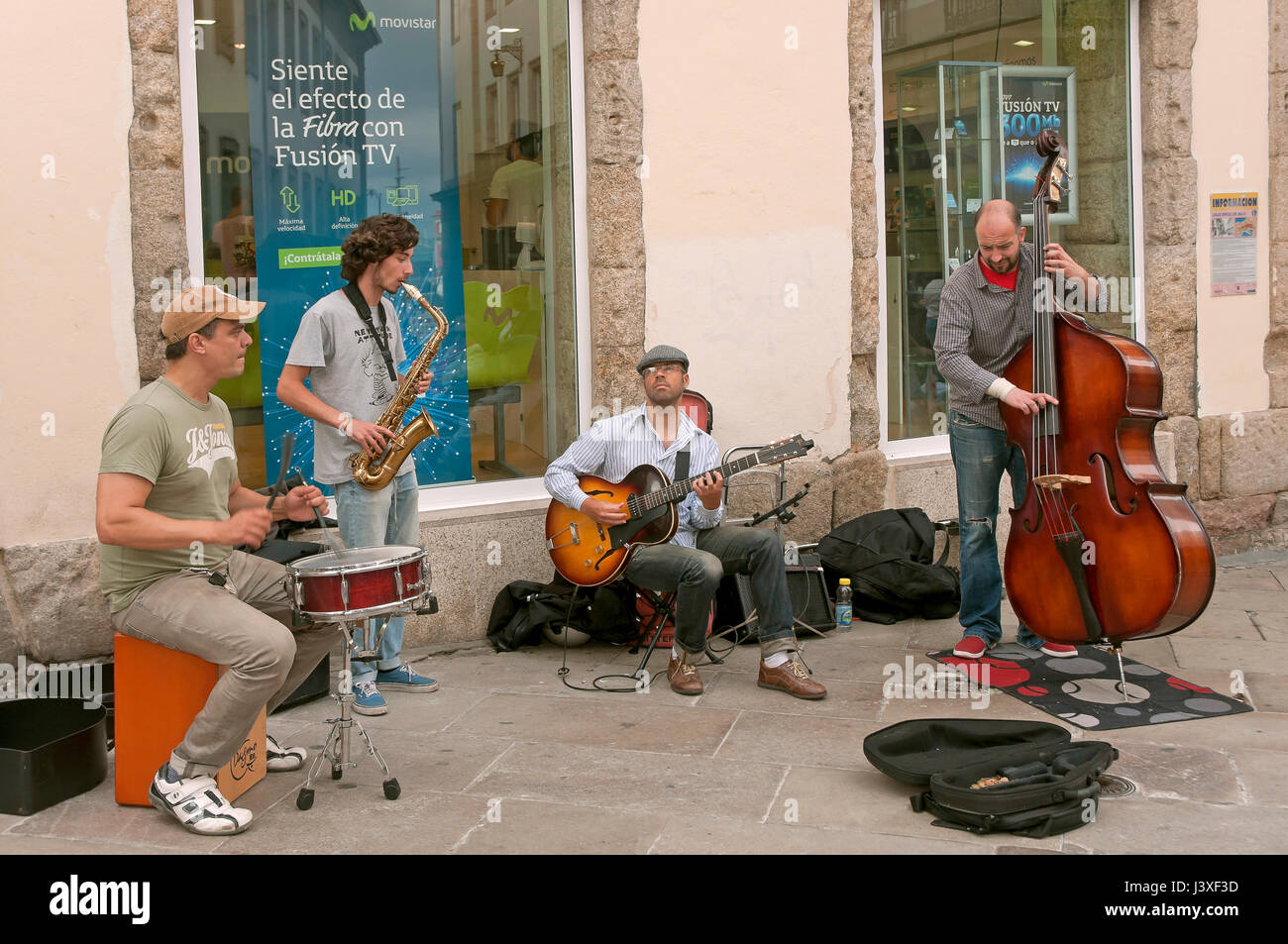 Street musicians, La Coruna, Region of Galicia, Spain, Europe Stock Photo