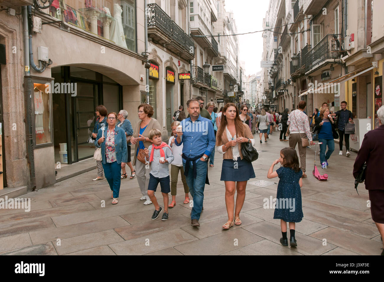 Pedestrian street and people, La Coruna, Region of Galicia, Spain, Europe Stock Photo