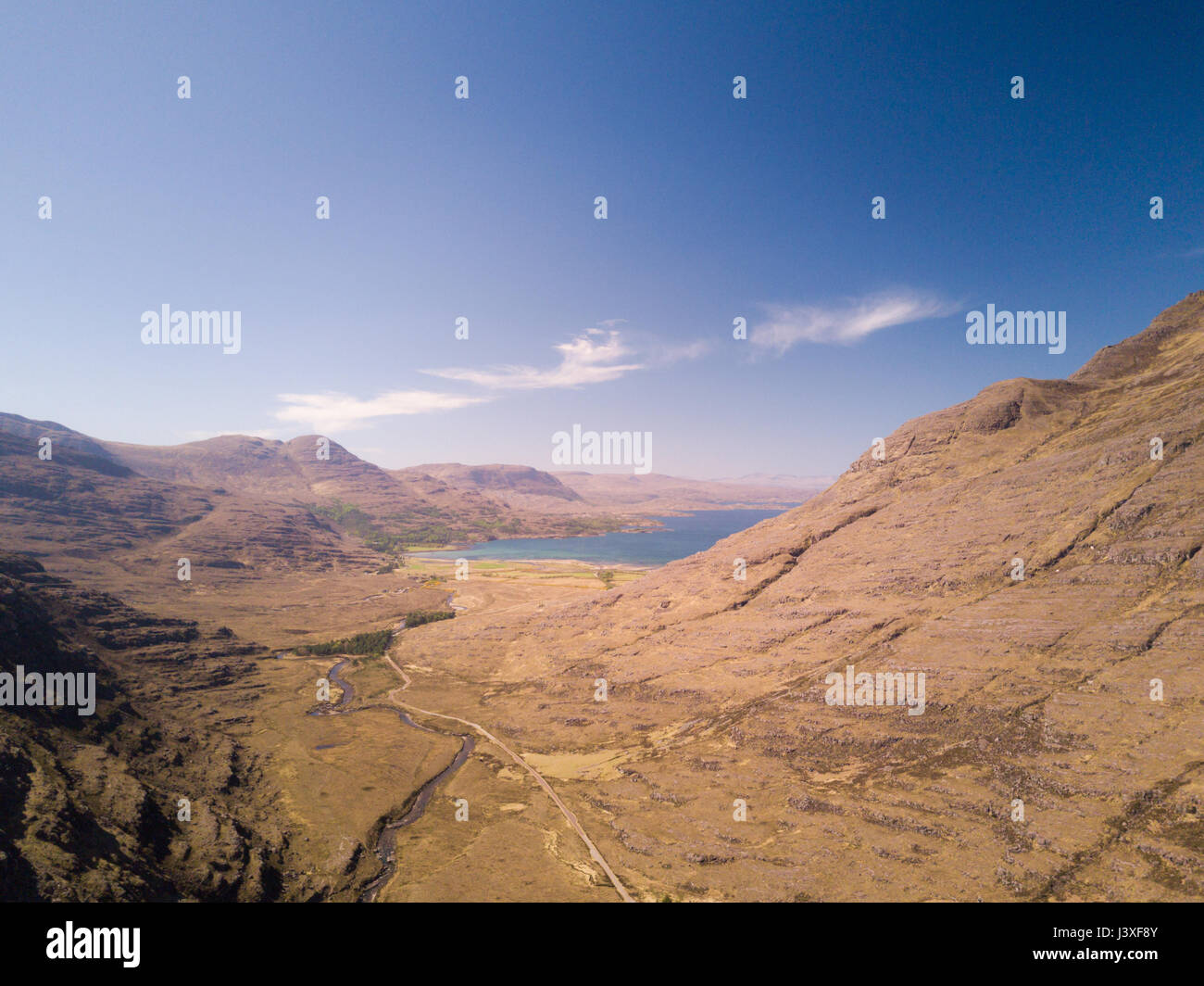 Aerial view of Glen Torridon and Loch Torridon in the distance in the Scottish Highlands Stock Photo