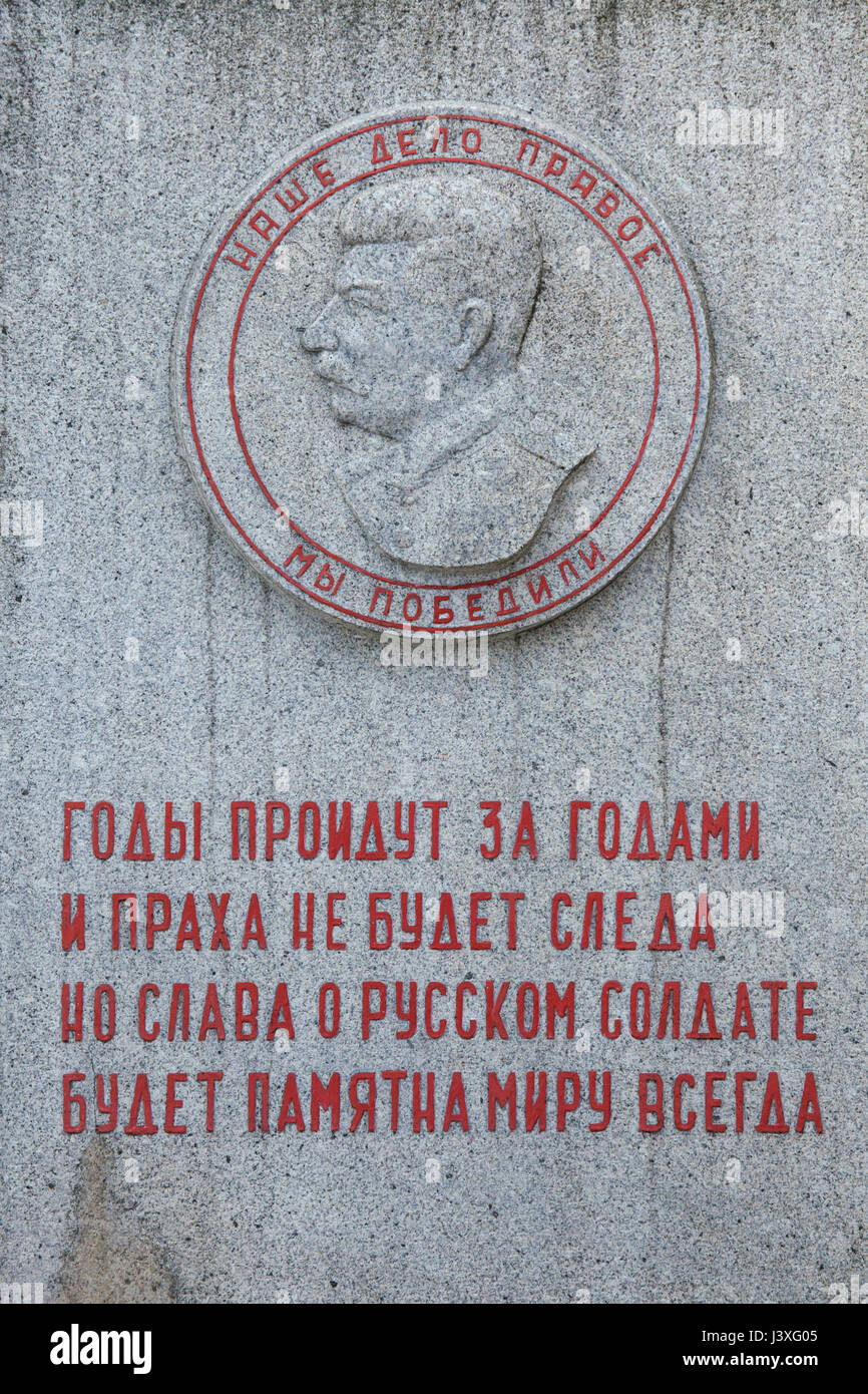 Soviet dictator Joseph Stalin depicted on the Soviet War Memorial at the Central Cemetery in Brno, Czech Republic. This is one of two places in the Czech Republic where Stalin is still depicted in public. The portrait is an enlarged copy of the Soviet medal 'For the Victory over Germany in the Great Patriotic War 1941-1945'. Inscriptions in Russian mean: Our cause is right. Victory is ours. Stock Photo