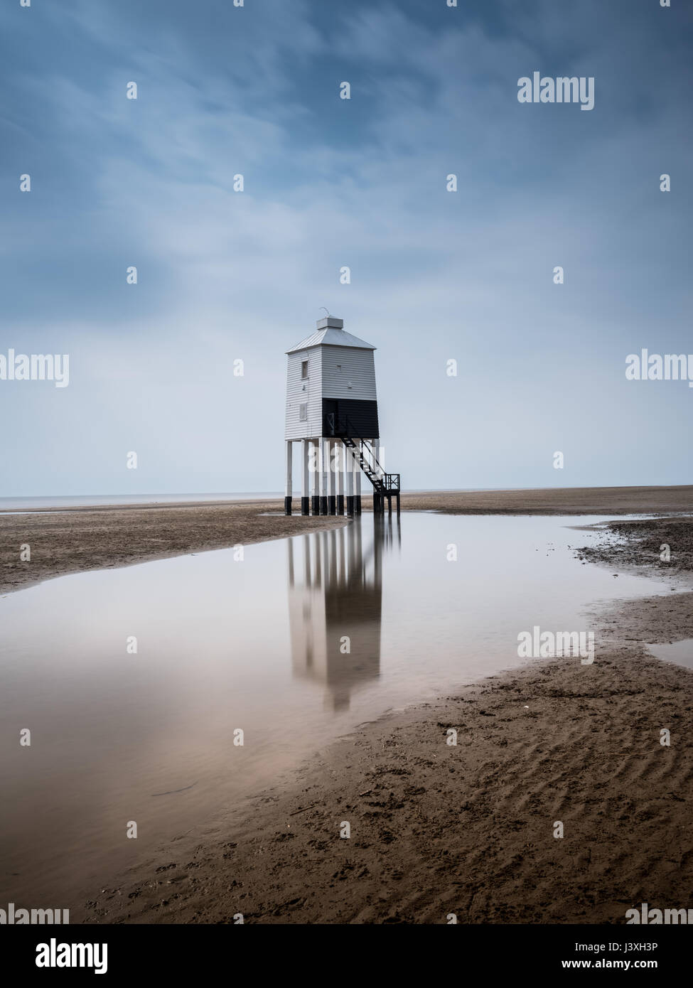 Burnham on Sea Lighthouse. Wooden structure on the beach with stilts. on a calm day in Somerset, England. Stock Photo