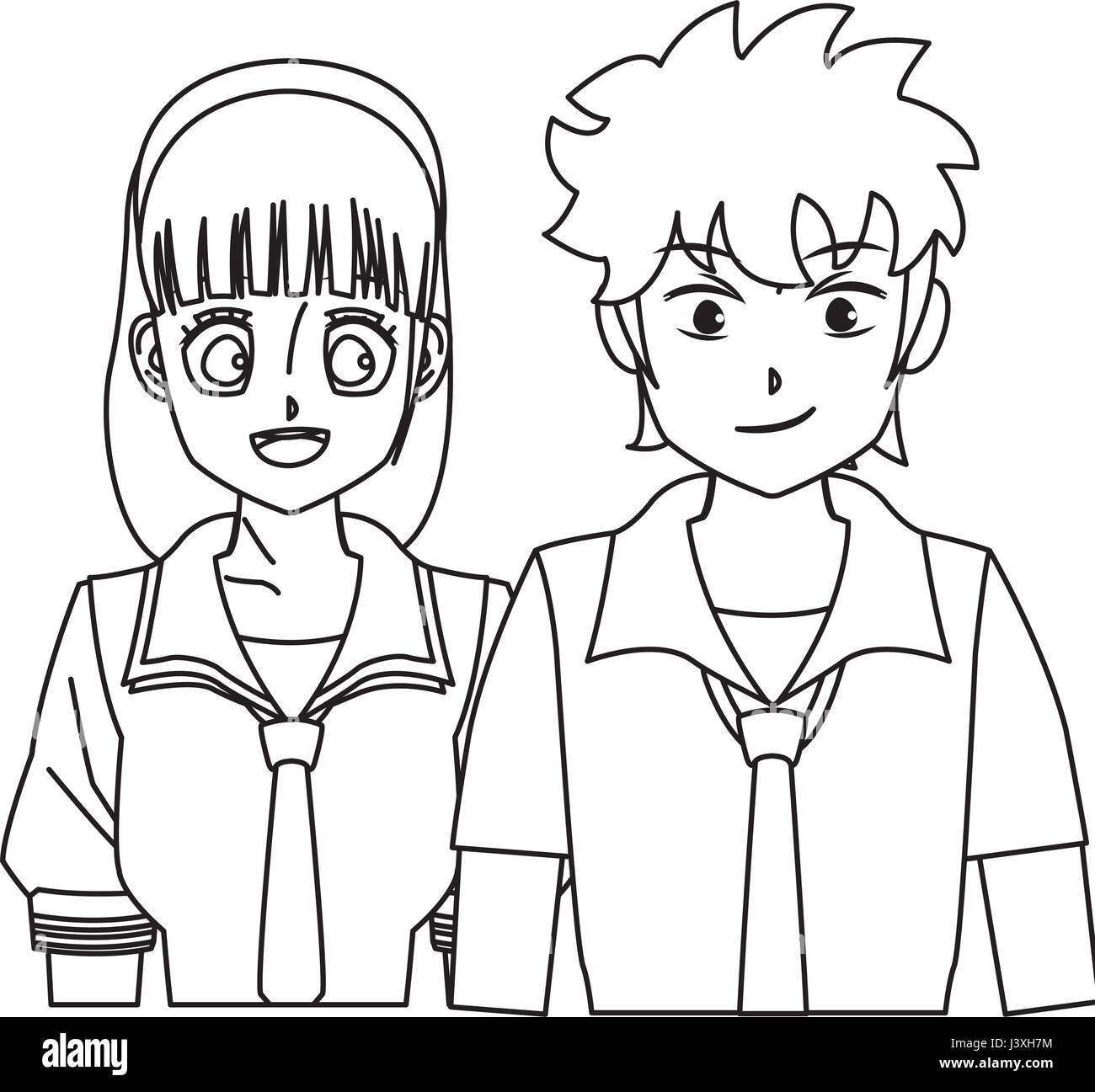 Students Girl And Boy Anime Cartoon Outline Stock Vector Image Art Alamy