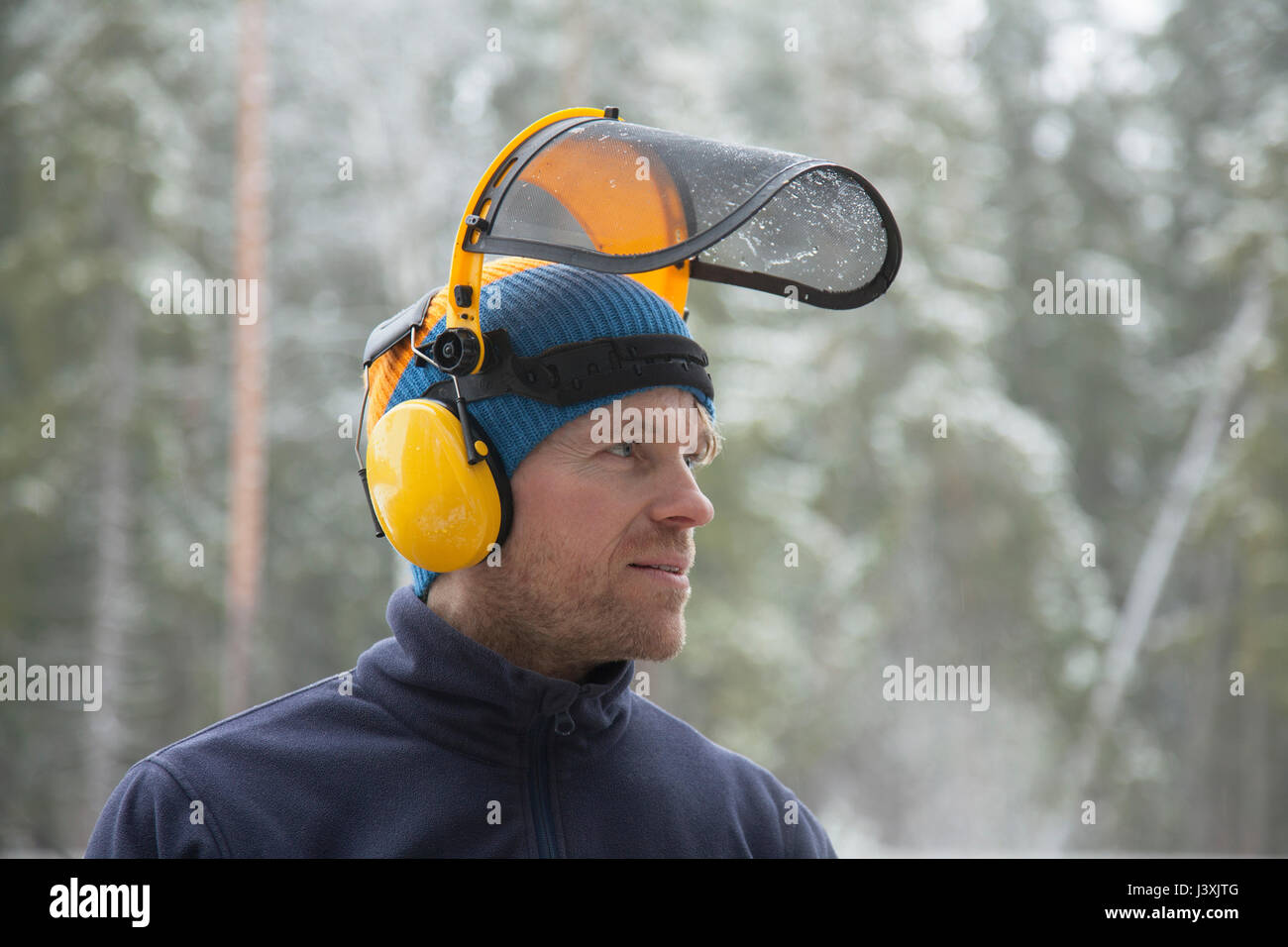 Logger wearing safety visor in forest, Tammela, Forssa, Finland Stock Photo