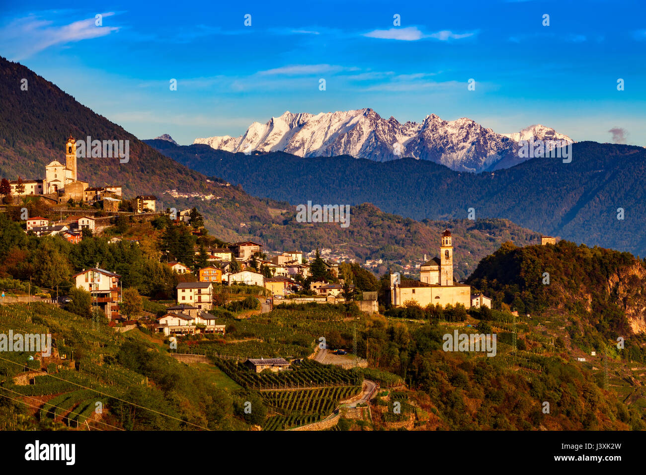Town with vineyards and mountain range beyond Stock Photo