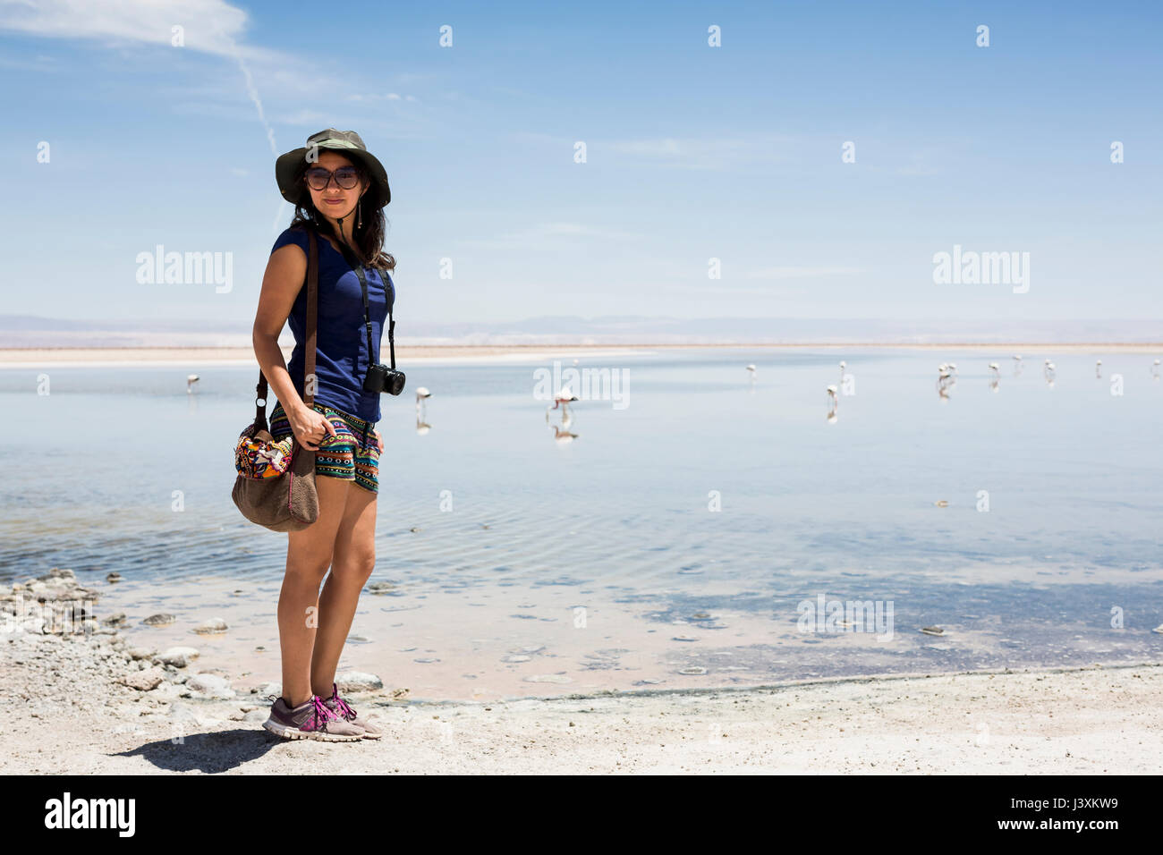 Woman by lake, San Pedro de Atacama, Chile Stock Photo