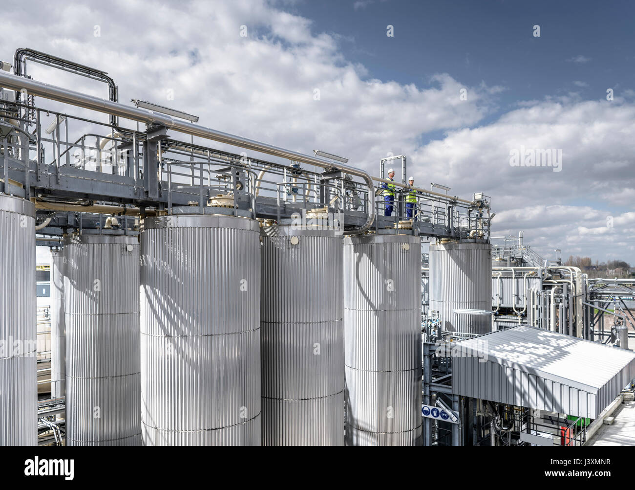 Workers on top of process plant in oil blending factory Stock Photo