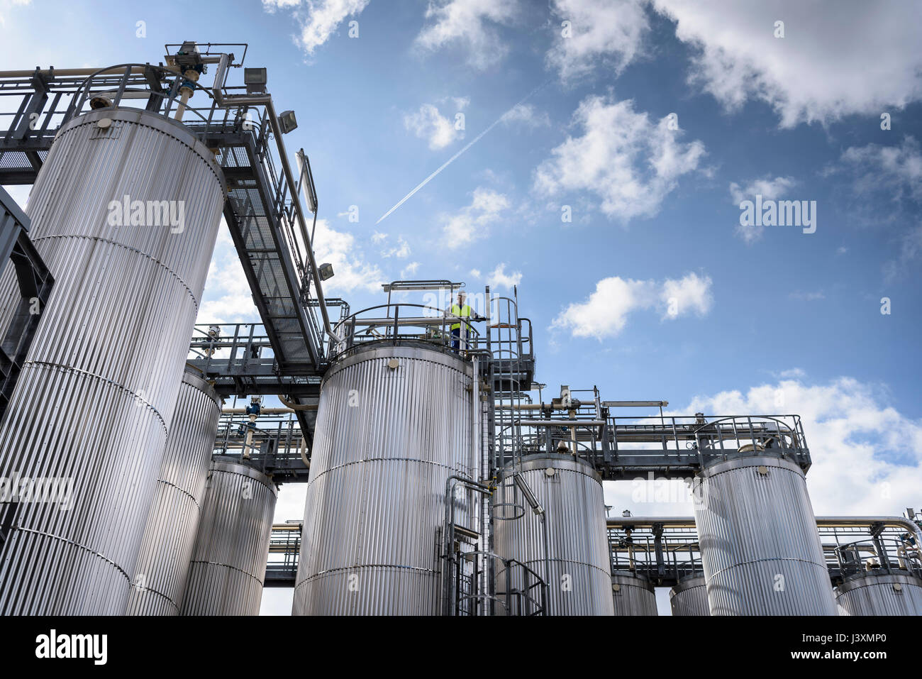 Worker on top of process plant in oil blending factory Stock Photo