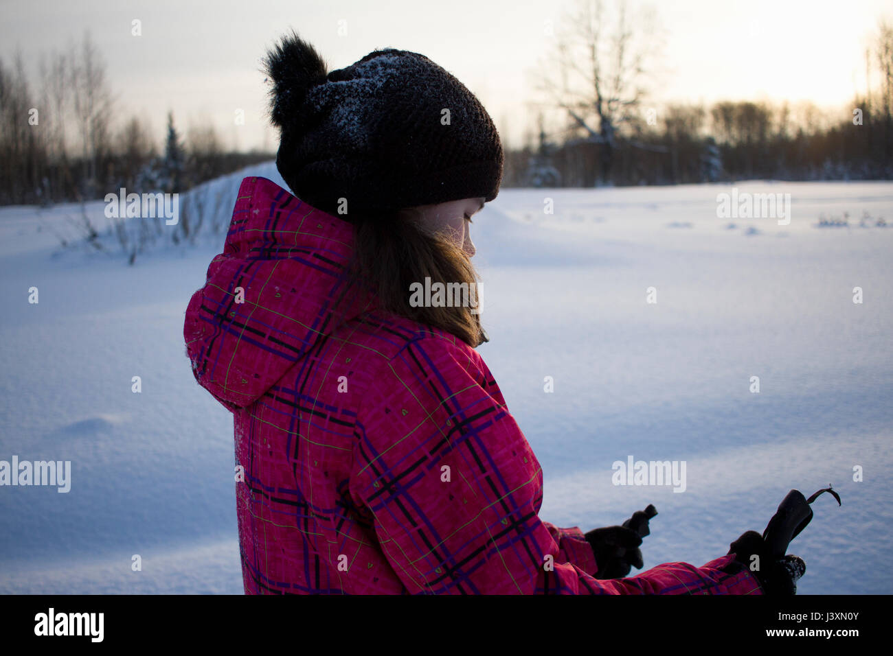 Teenage girl, cross country skiing, Chusovo, Russia Stock Photo