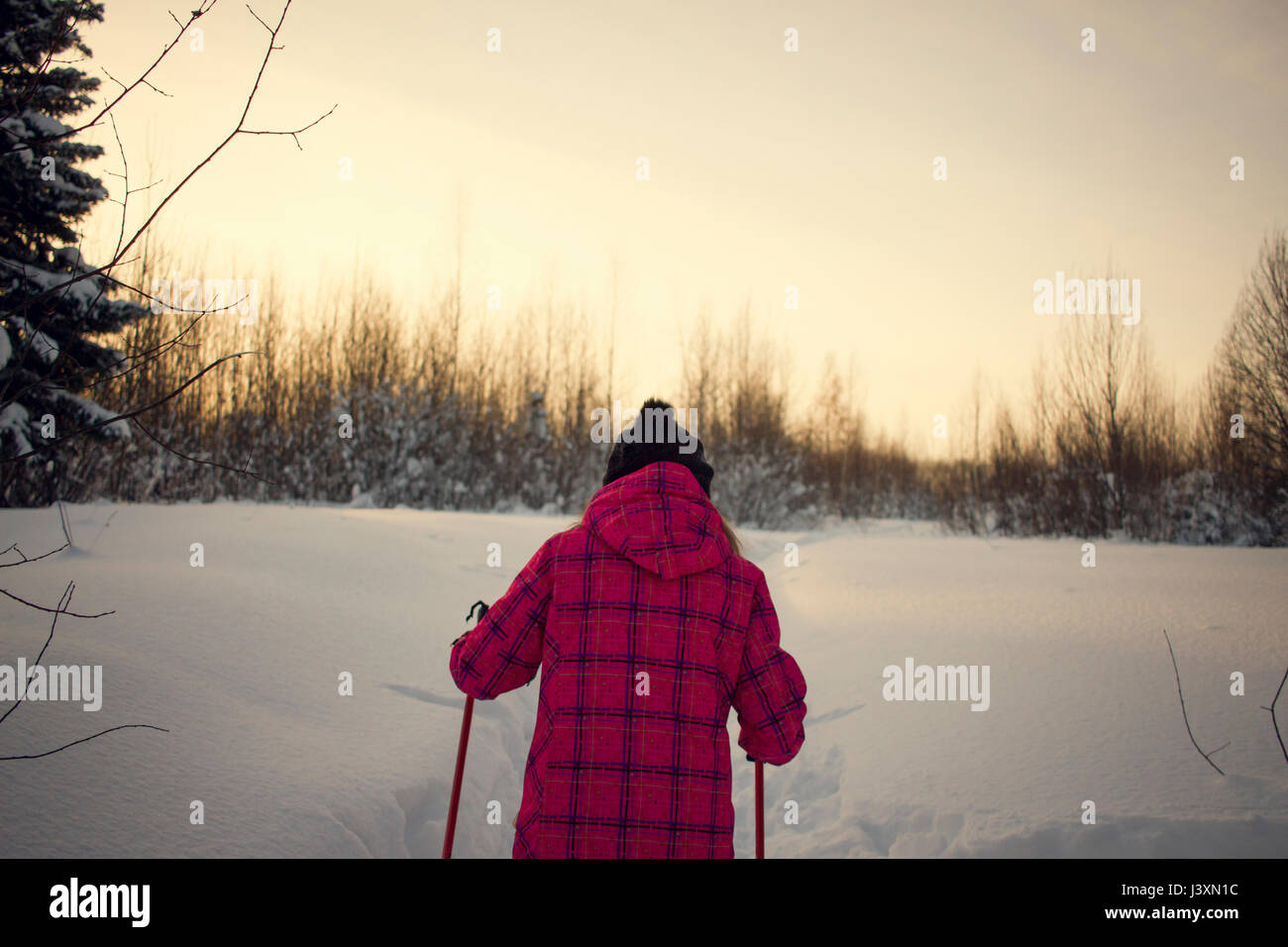 Teenage girl, cross country skiing, rear view, Chusovo, Russia Stock Photo