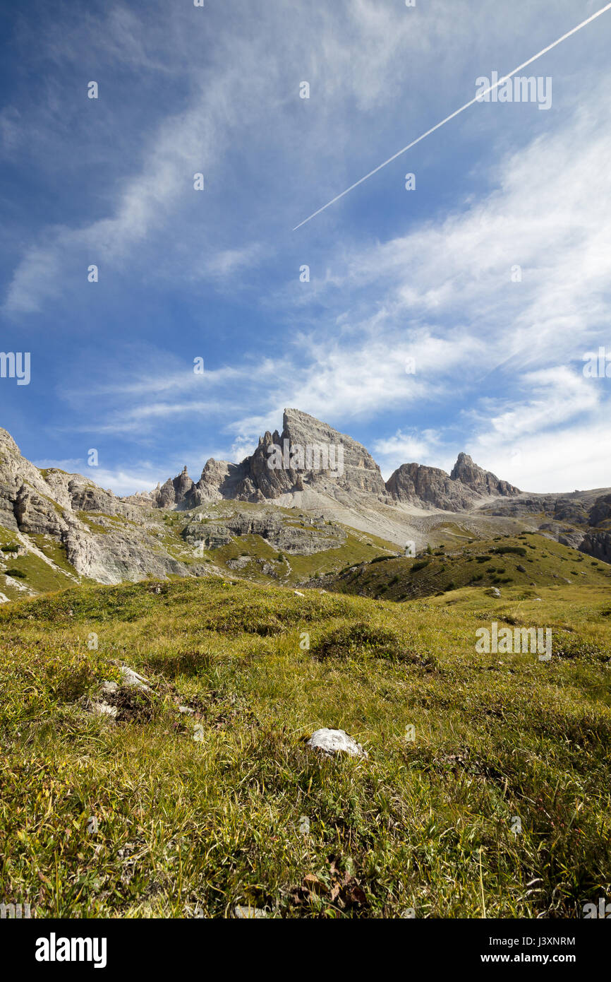 Stunning mountain scenery and blue skies clear weather. The mountain is Monte Paterno, Parco naturale Tre Cime. Stock Photo