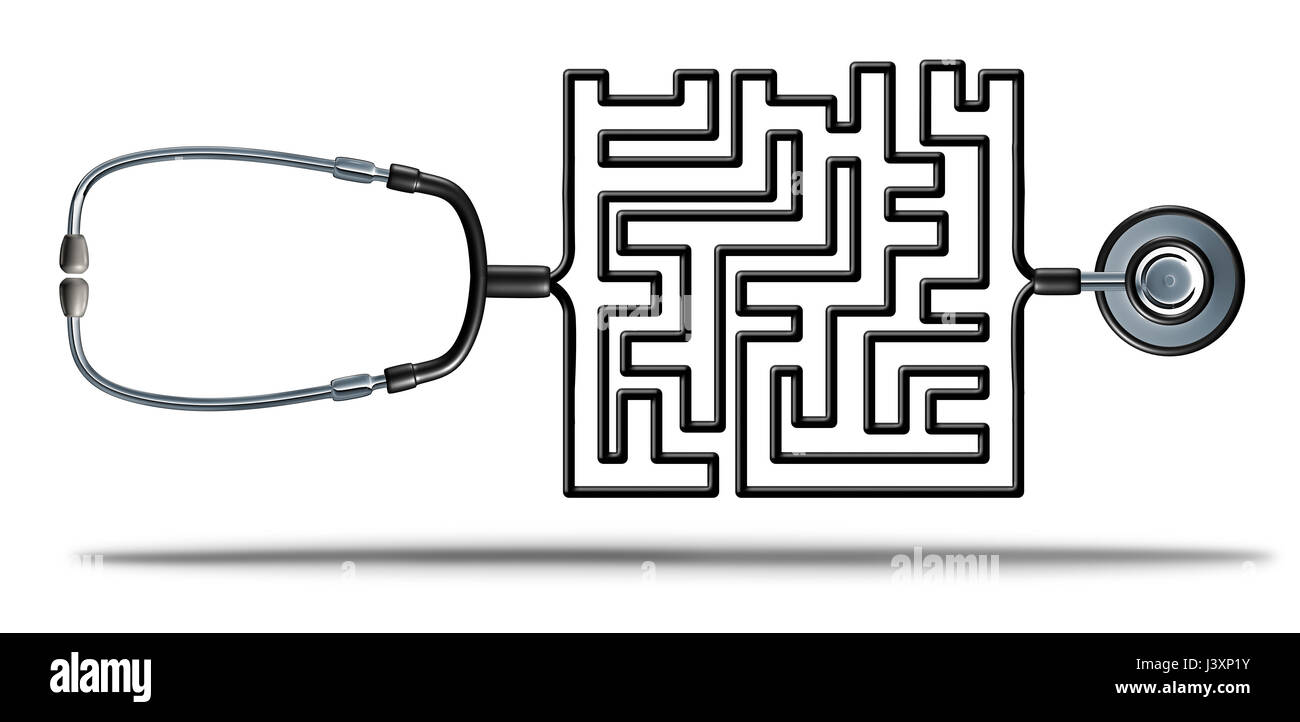 Solving healthcare and health care reform challenges as a doctor stethoscope shaped as a complicated maze as a medical and medicine. Stock Photo
