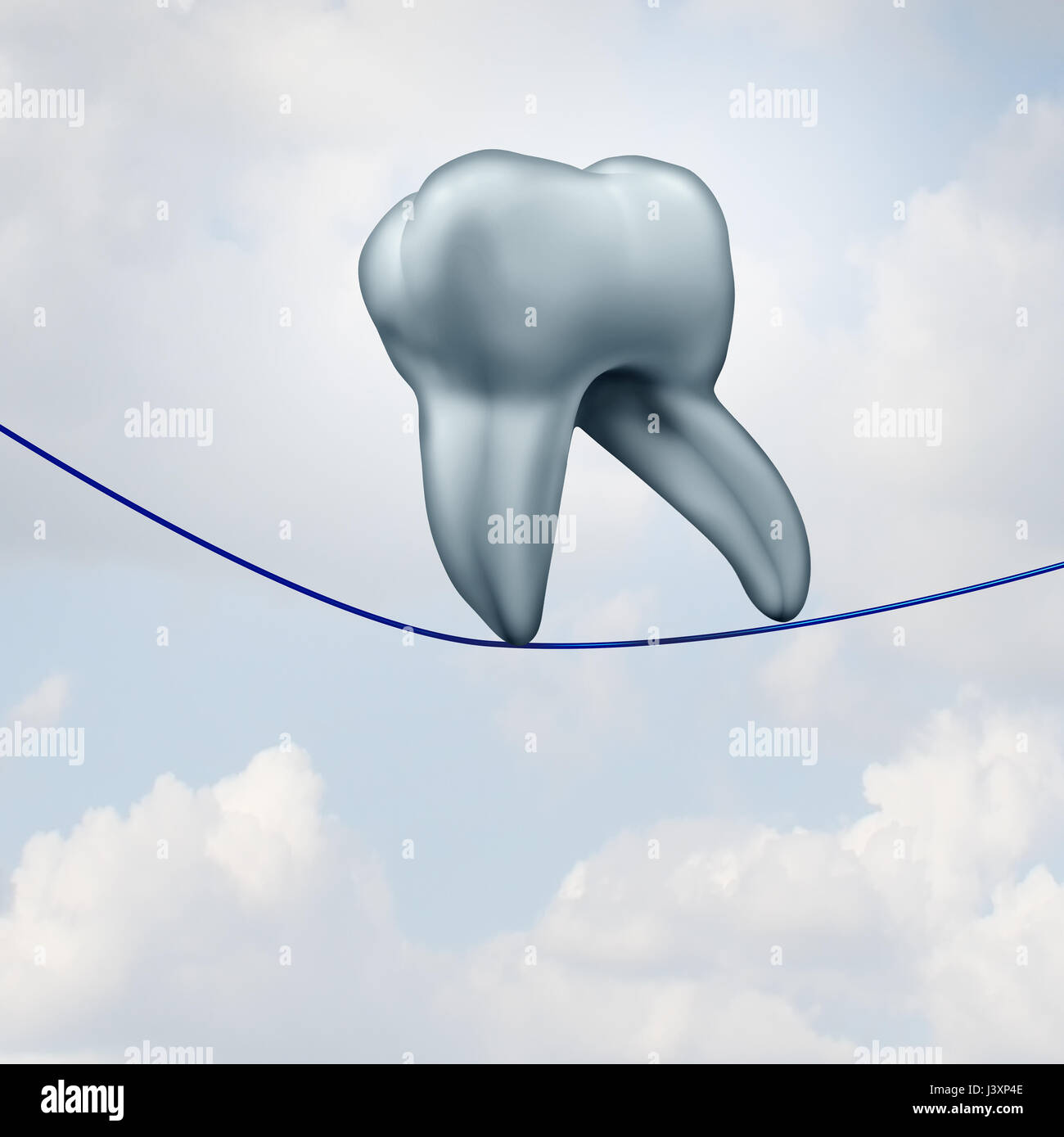 Flossing teeth and dental floss use as a human tooth walking on a high