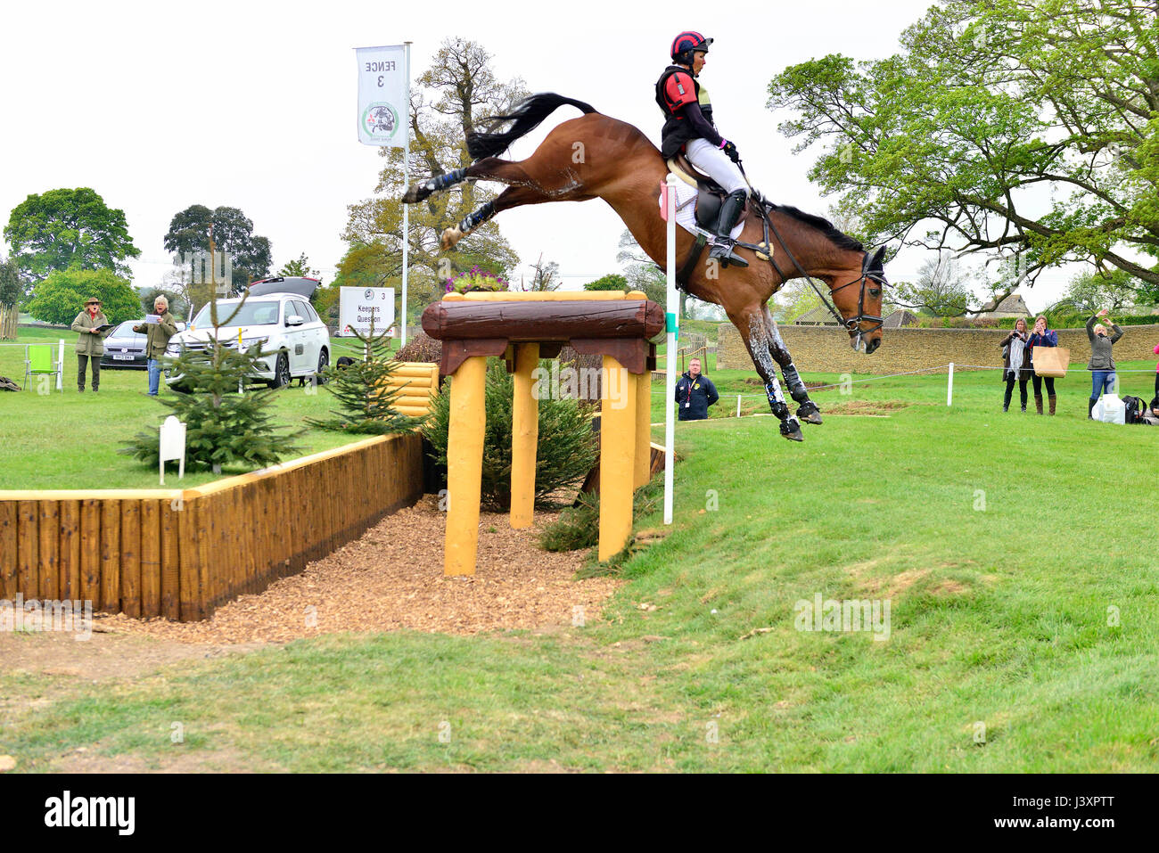 Spectacular fall at fence 3,Badminton Horse Trials 2017,Topwood Beau & English rider Emily Gilruth taking a tumble and hospitalized due to head injury Stock Photo