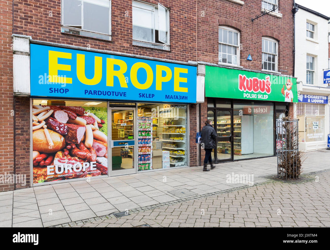 European and Polish shops in pedestrian centre of Hereford, England, UK Stock Photo