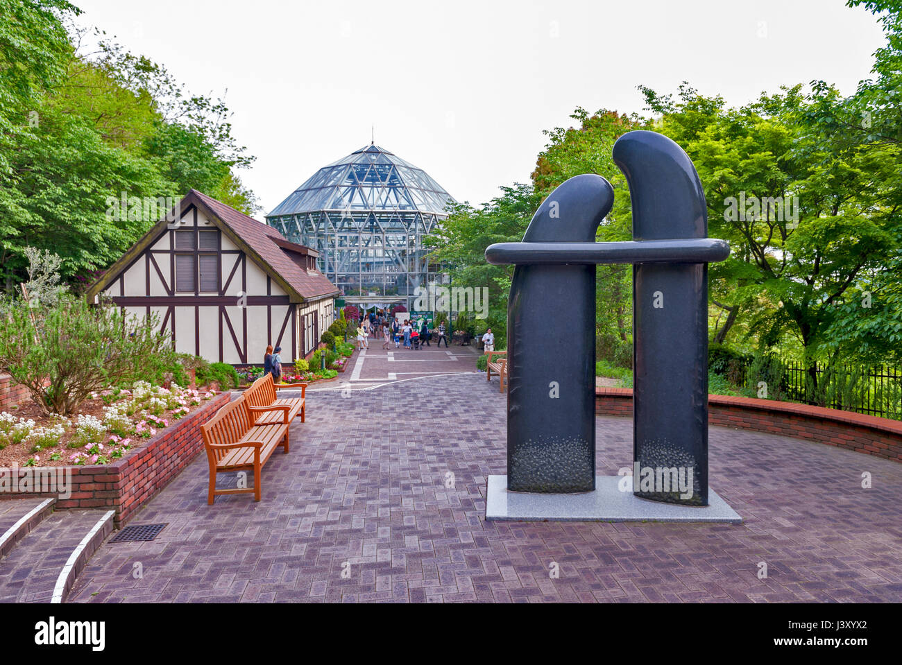 Kobe, Japan April 2016 Art sculpture installed at Nunobiki Herb