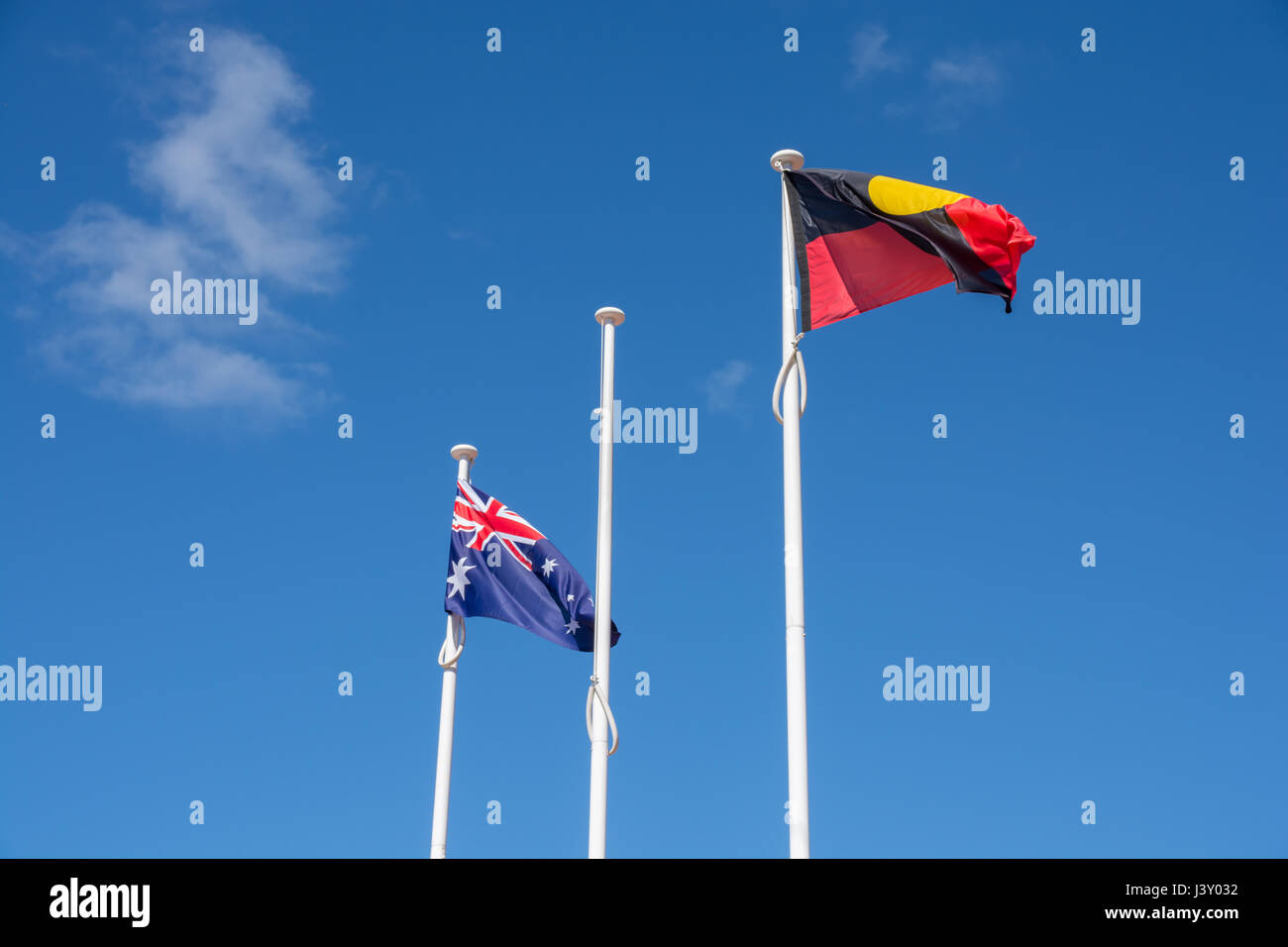 Australian National Flag and the Aboriginal Flag. Stock Photo