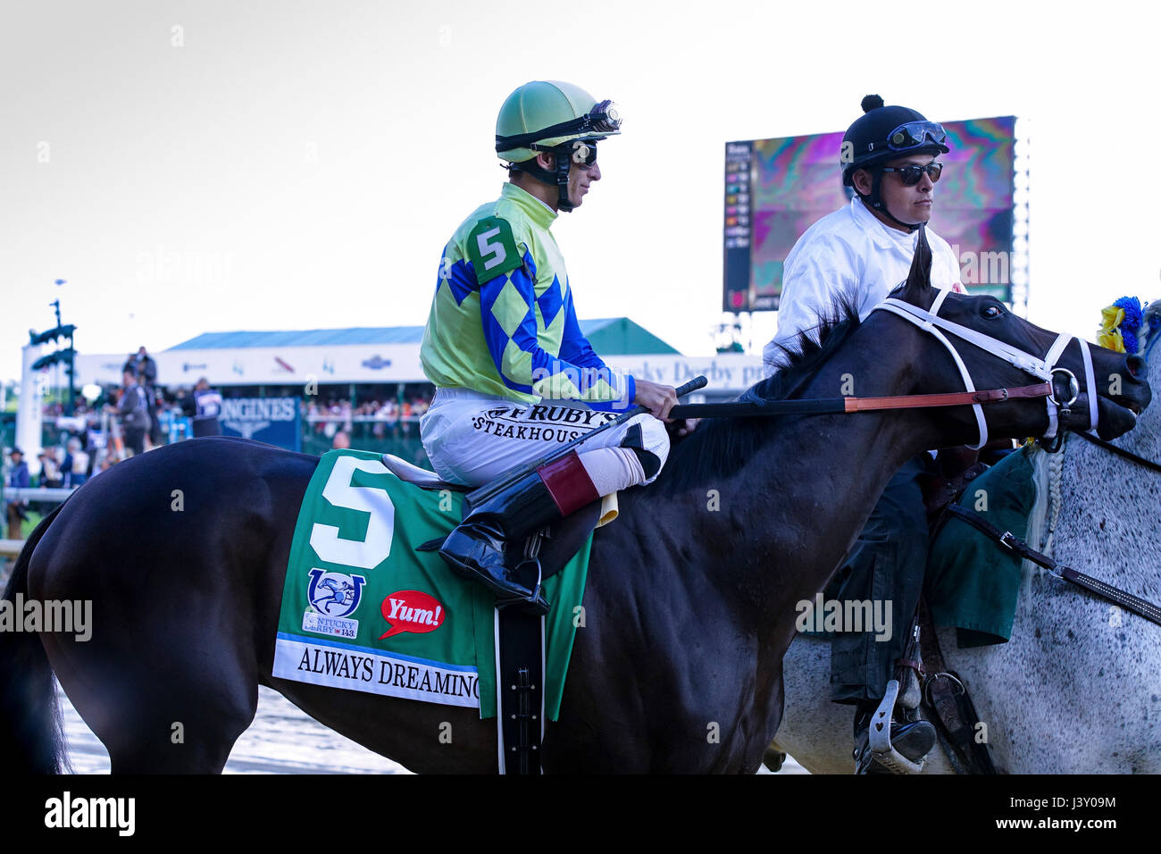 John Valezquez Jockey on Always Dreaming leaving the Paddock to the starting gate, at Churchill Downs 143 Running of The Kentucky Derby on May 6, 2017 Stock Photo