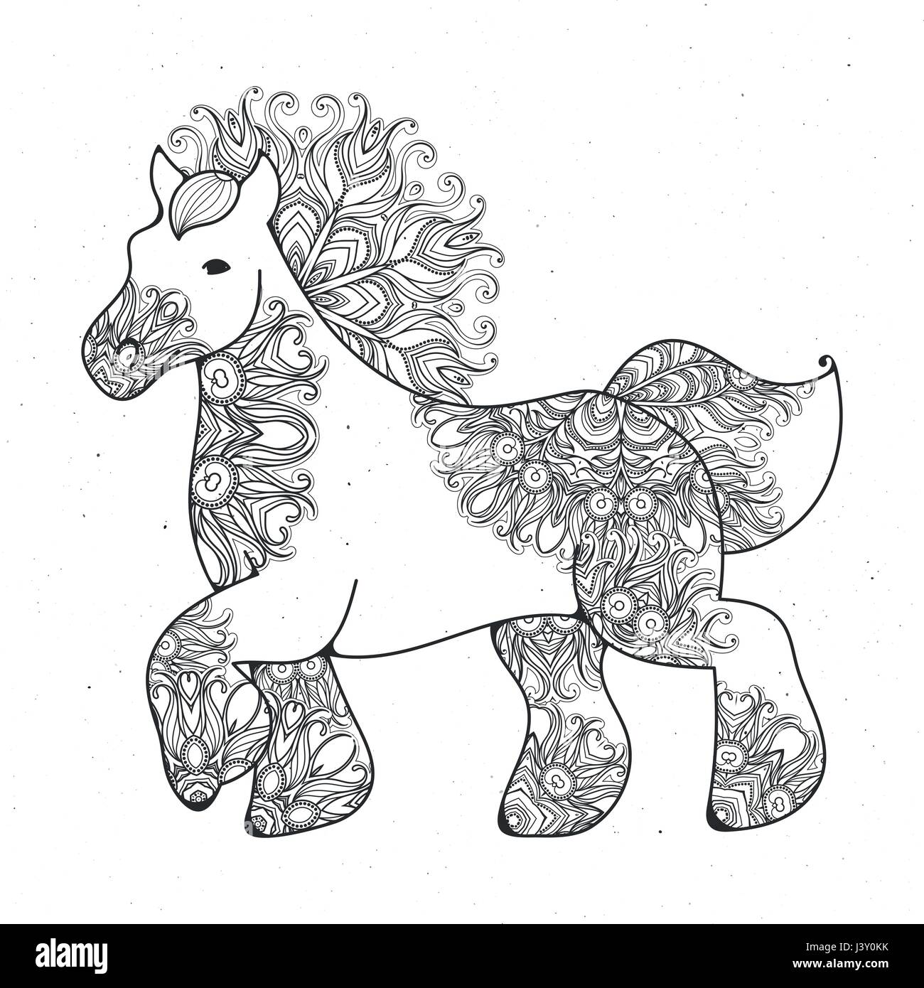 Antistress linear page with horse. Zentangle animal for colouring book, greeting card, mandala decoration element, art therapy. Stock Vector