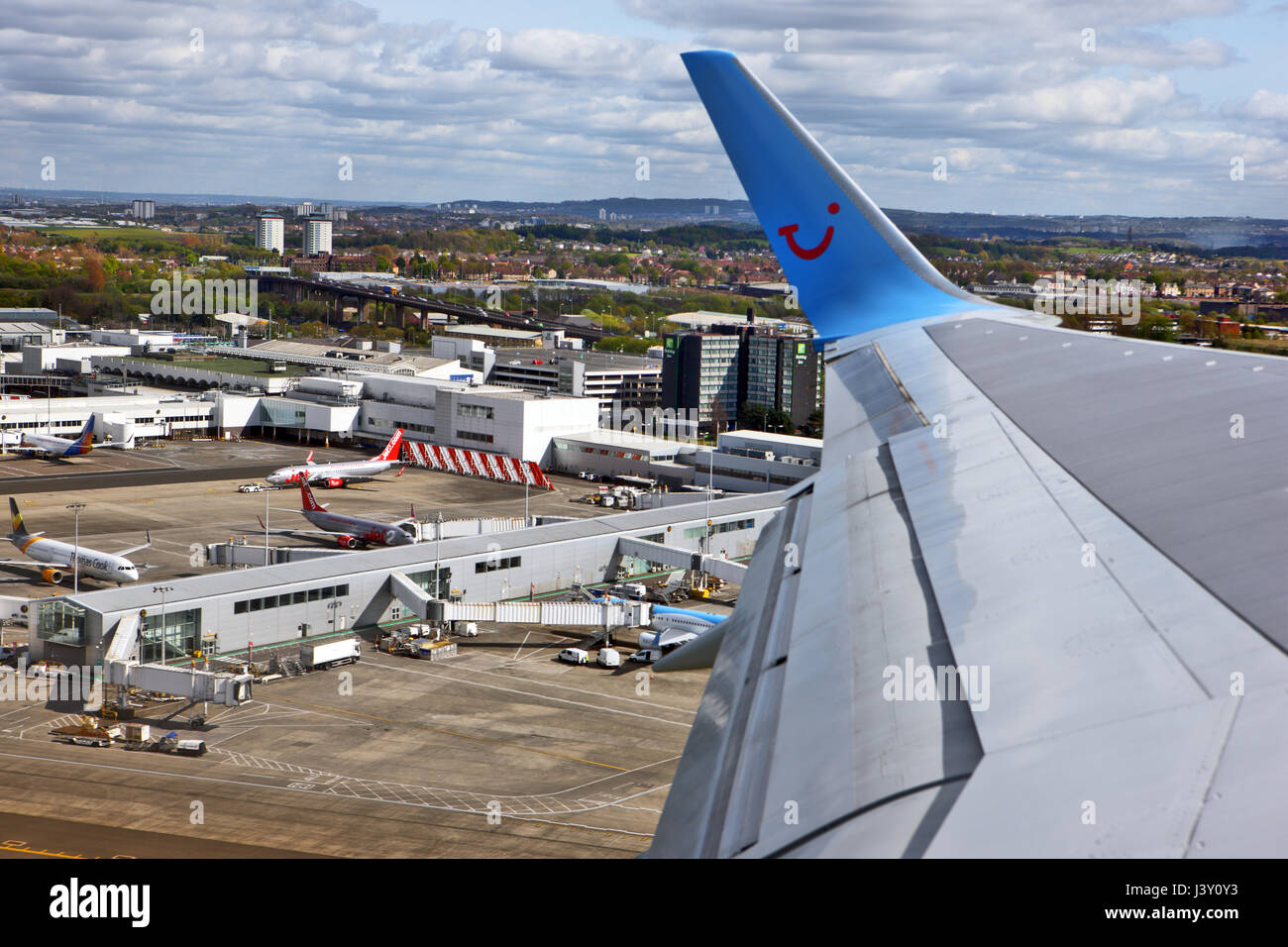 Thomson's flight taking off from Glasgow Airport Stock Photo